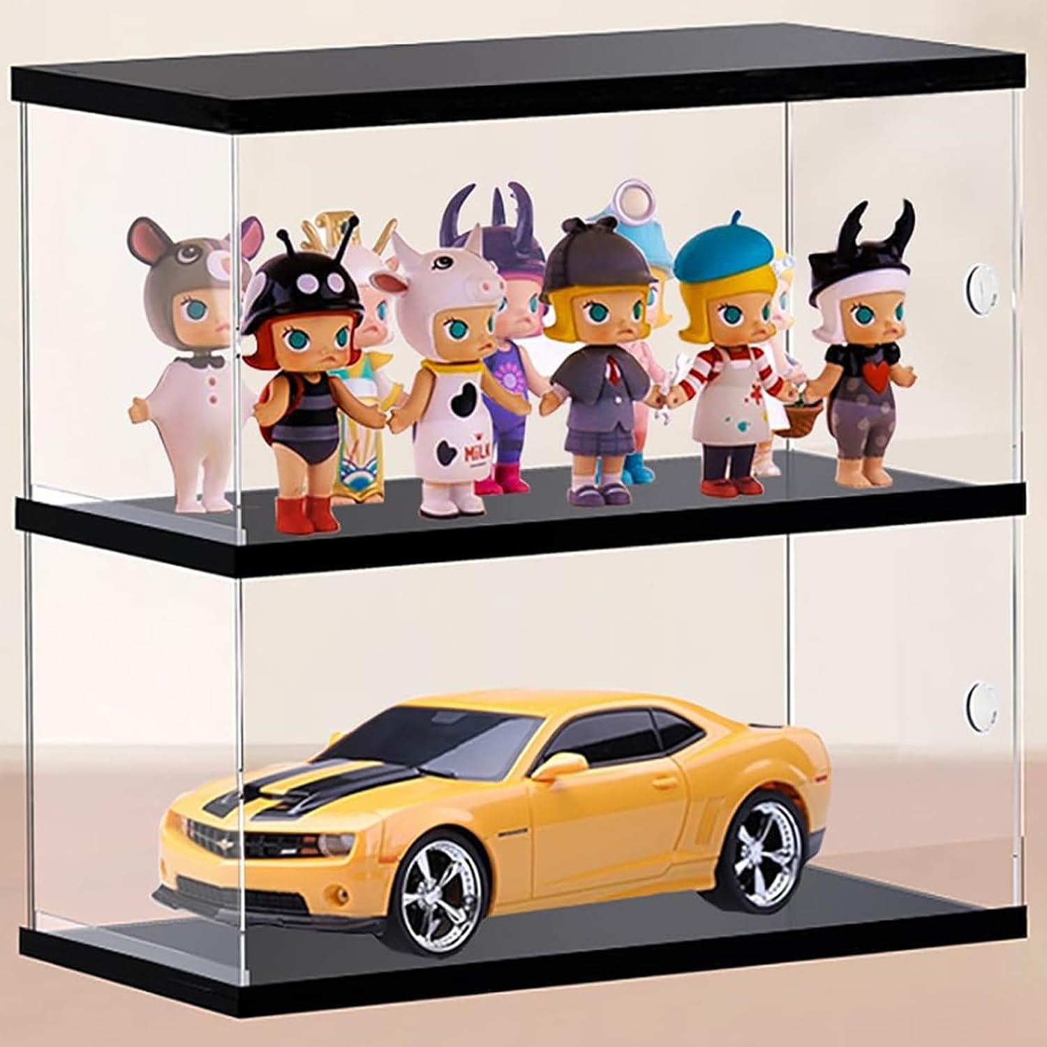 Joody 2 niveles escaparate vitrina acrílica para colección figura de coche en miniatura, caja transparente puerta, estante antipolvo (30 x 10 x 26,8 cm)