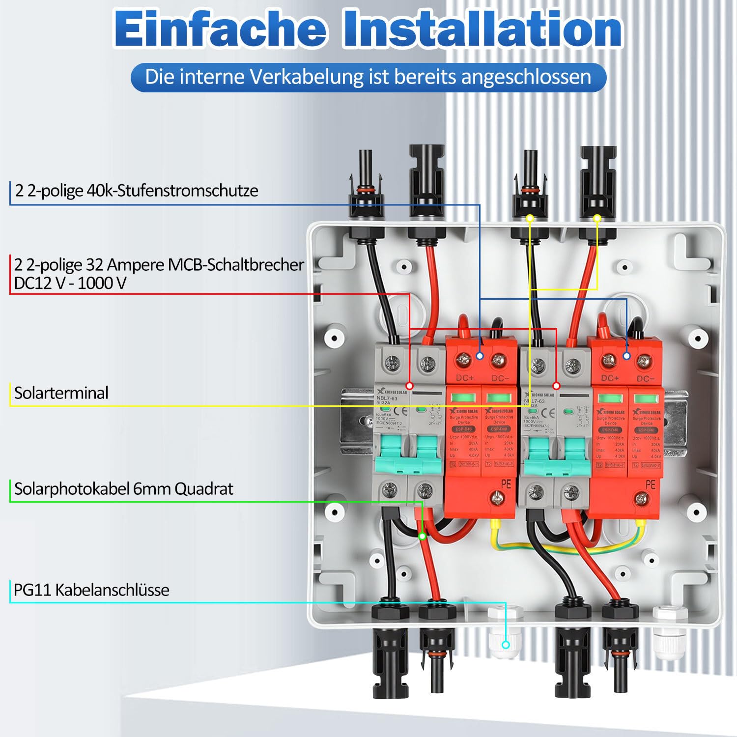 Photovoltaik Überspannungsschutz pv 2-String Kombigerät, 1000V 32A DC, IP65 wasserdicht, mit DC-Leitungsschutzschalter und Blitzschutz für PV-Anlage