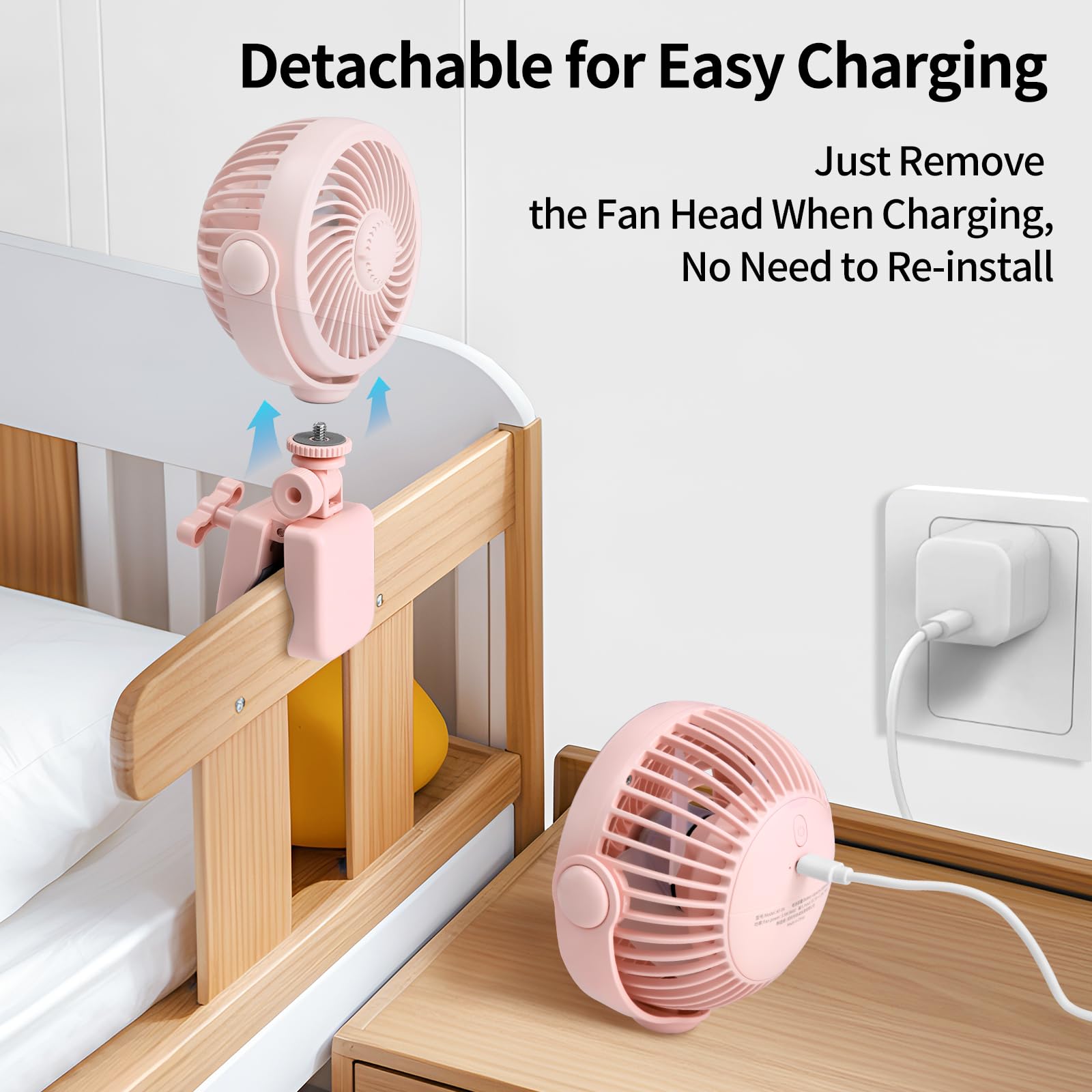 Ventilateur de poussette à clipser pour bébé rechargeable – Ventilateur portable à piles USB pour poussette, berceau, vélo, plage, voyage, camping, rotation à 360°, 4 vitesses du vent, rose