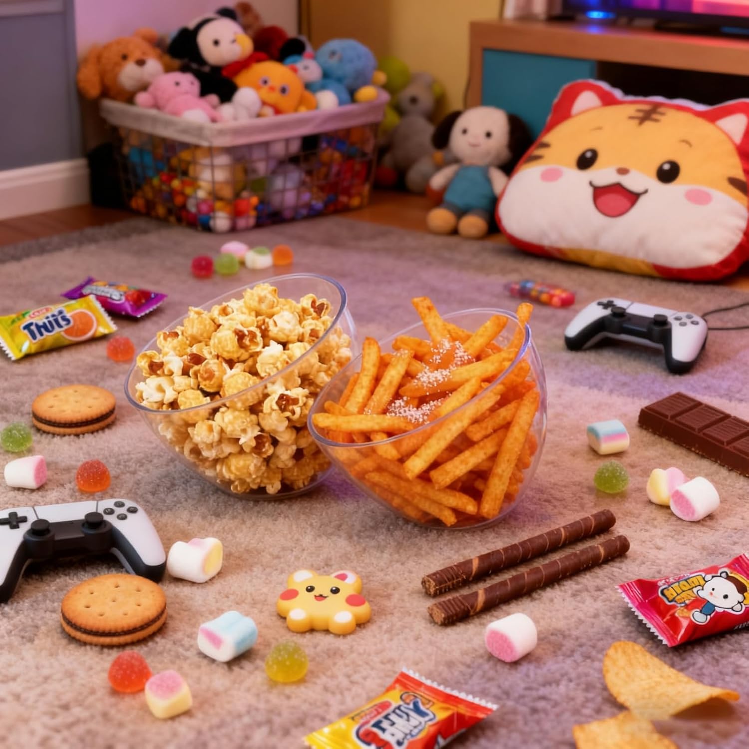 18 Pcs Serving Bowls Kit, 25 oz Buffet Containers Set, Include Parties Clear Plastic Angled Bowls, Plastic Kitchen Candy Scoops and Tongs, for Serving Food, Appetizers, Party Supplies