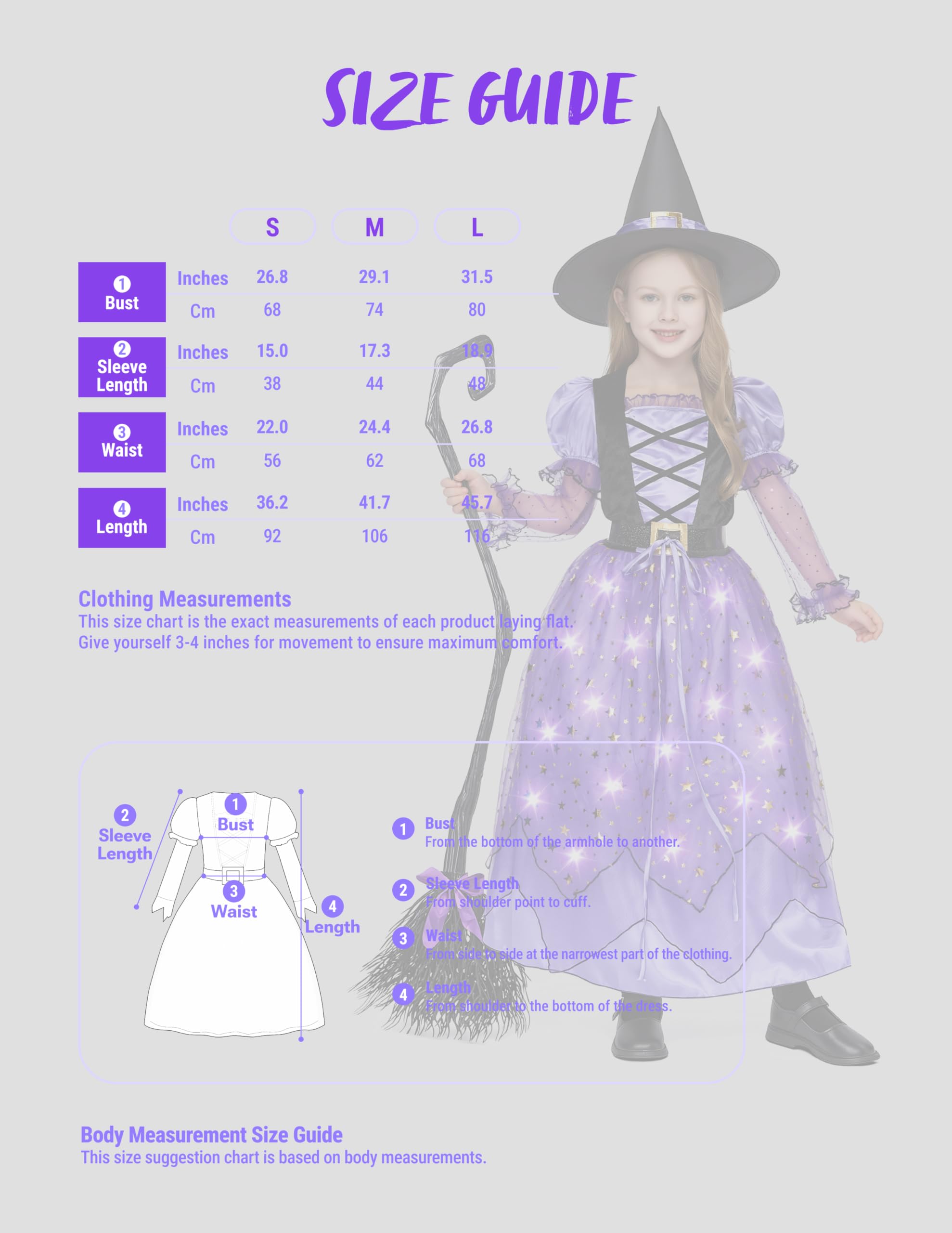 Spooktacular Creations Kostium czarownicy dla dziewczynki, świecący kostium czarownicy dla dzieci, gwiaździsta sukienka czarownicy z kapeluszem na pasek na miotły, dla dziewcząt, Halloween, impreza