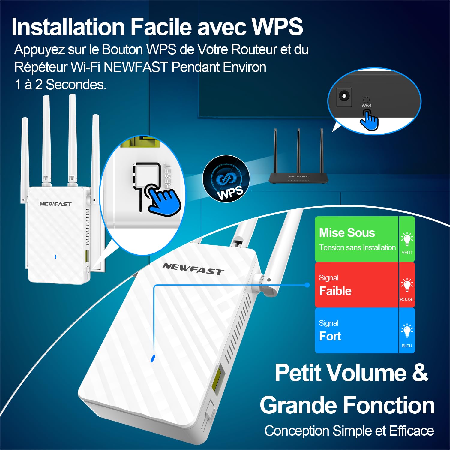 NEWFAST Répéteur WiFi Puissant N300Mbps NF-RE516, 2.4GHz Amplificateur WiFi Puissant avec WPS, Repetiteur WiFi sans Fil Compatible avec Toutes Les Box Internet, 4 Antennes, 3 Mode