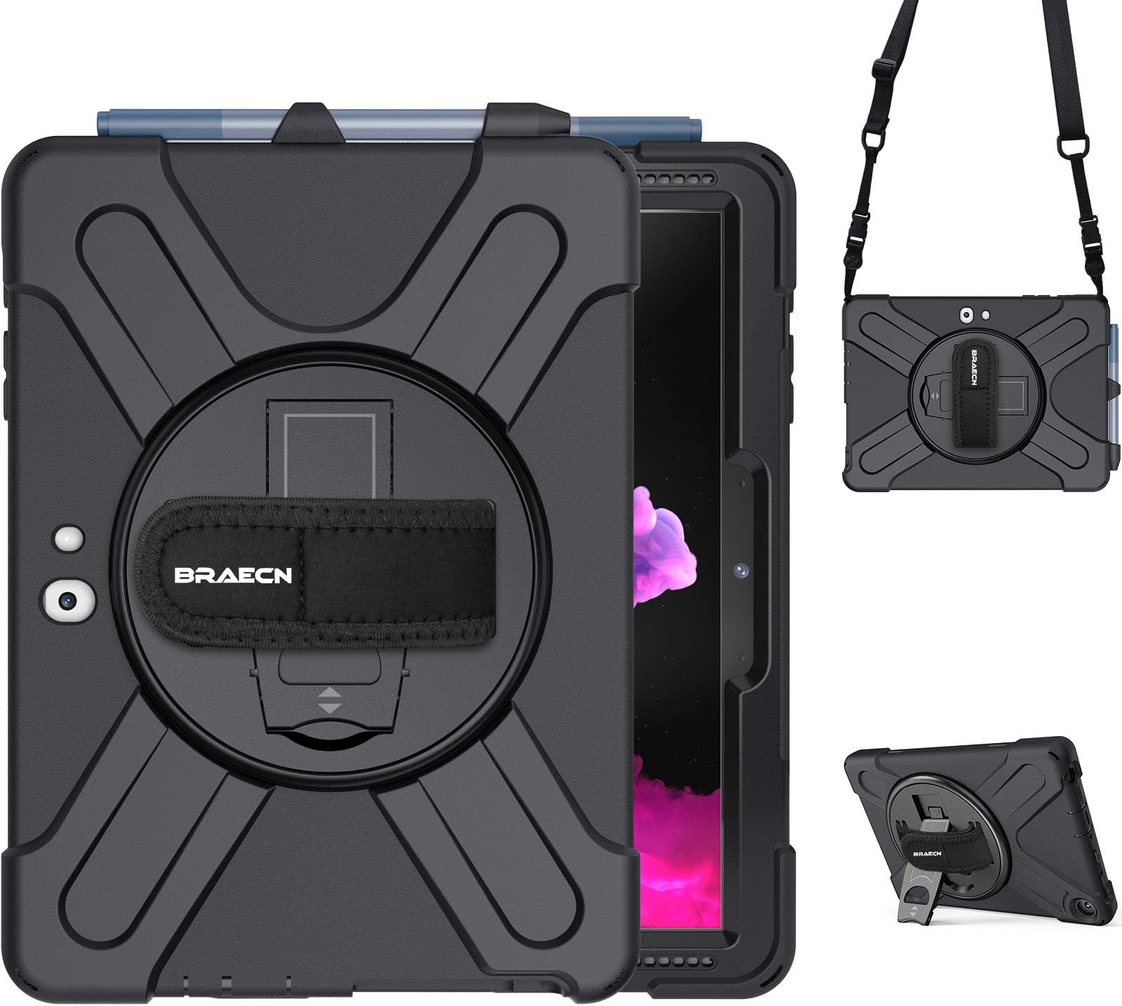 Case for Microsoft Surface Go 4/3/2/1 10.5 Inch, Heavy Duty Shockproof with 360° Rotating Hand Strap & Kickstand/Shoulder Strap/Pencil Holder - Black