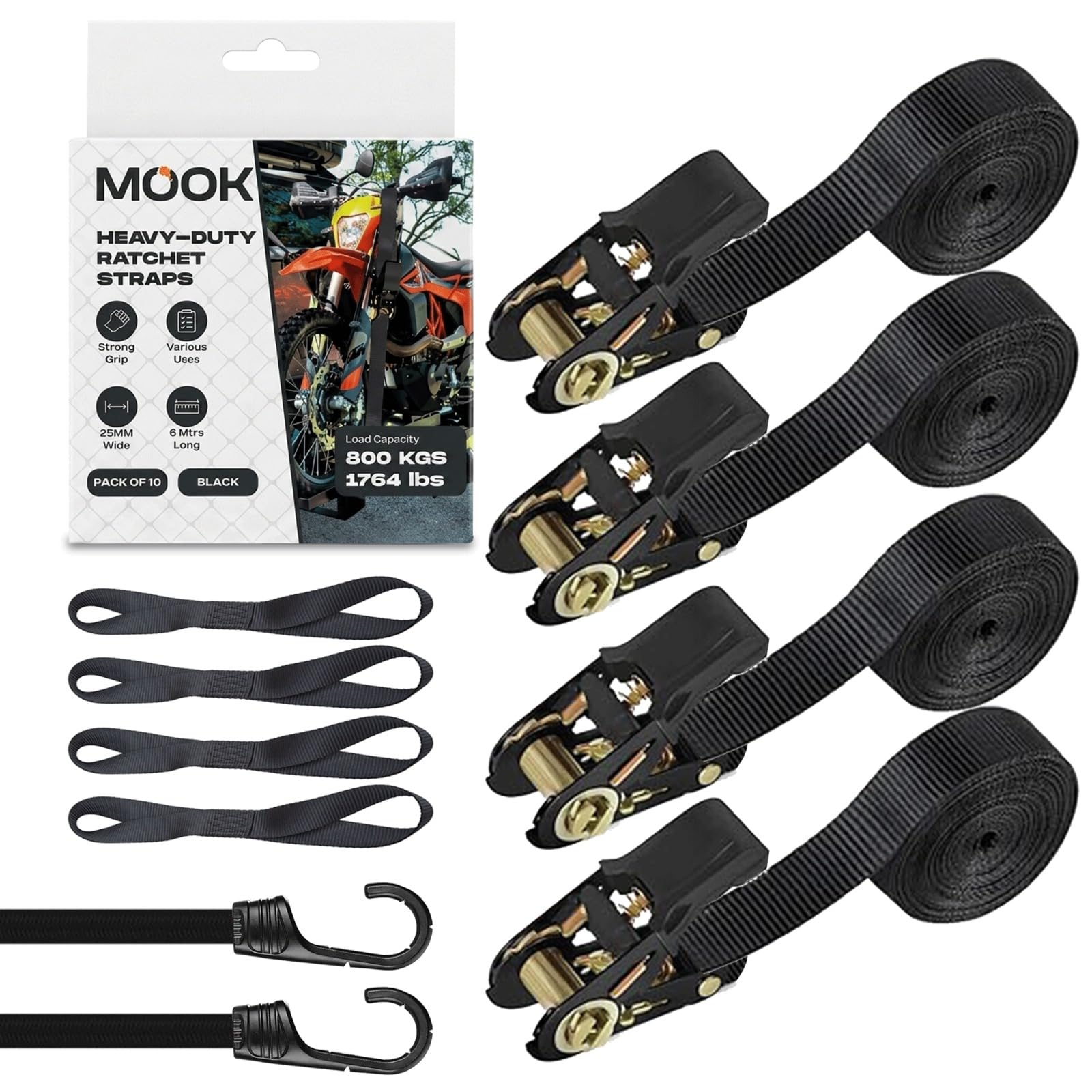 MOOK Heavy Duty Ratchet Straps – 4PCs endless ratchet straps, 6M x 25MM Tie Down Straps with 4 Soft Loops, 2 Bungee Cords – 800KG Load Capacity – Secure Cargo for Car, Kayak, Motorcycle – 10 PCs Set