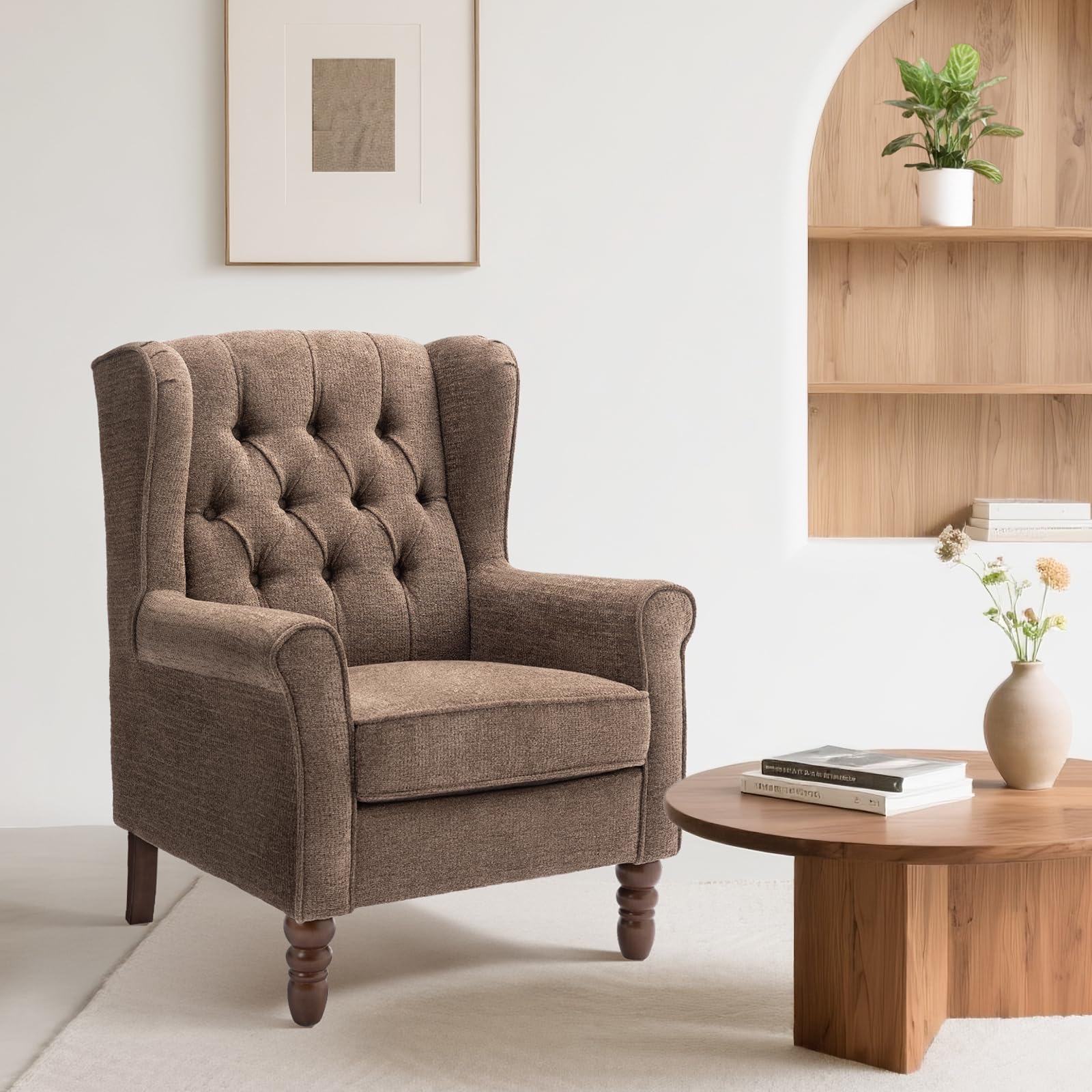 Wingback Armchair for Living Room, Upholstered High Back Accent Chair with Tufted Backrest, Rolled Arms and Solid Wood Legs, Comfortable Reading Chair for Lounge, Bedroom and Reception Area