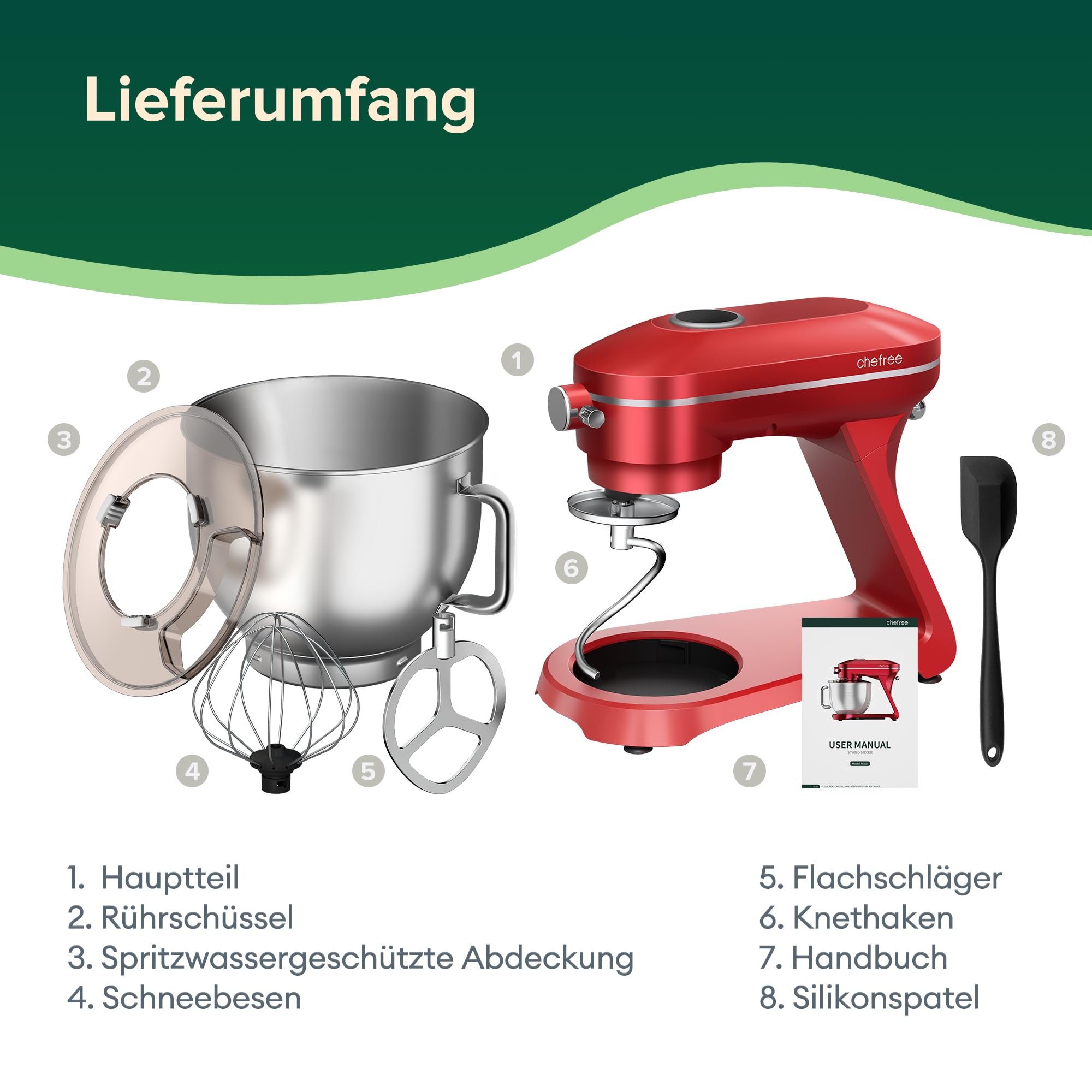 Chefree Knetmaschine Profi Küchenmaschine,7L Schüssel mit 3 Rührwerkzeuge, 1800W,LED-Touchscreen,10 Stufen,Knethaken Rühr- & Schneebesen,Planetenrührwerk,Rot,M500