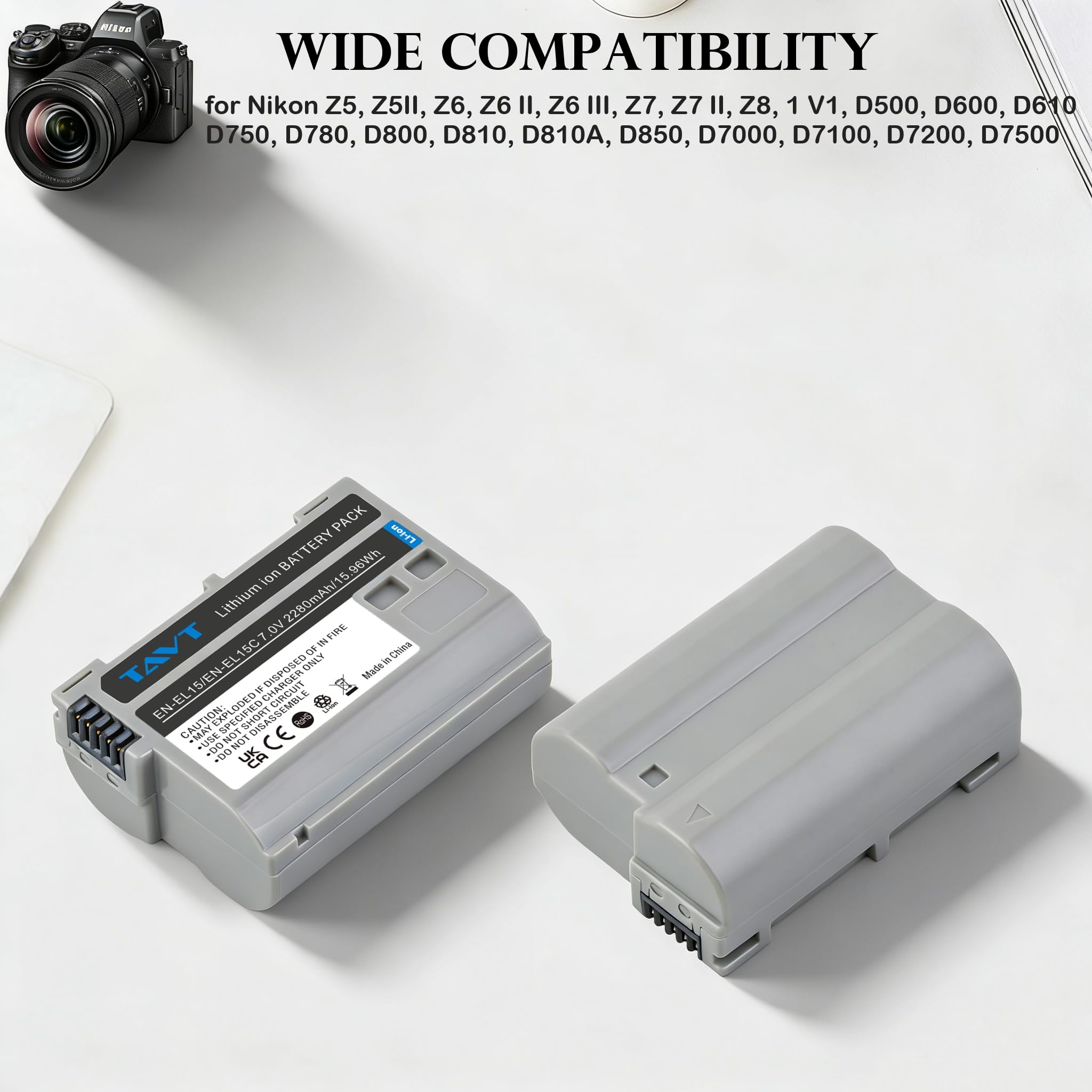 2280mAh EN-EL15 EN-EL15C Batterie avec Chargeur pour Nikon Z6, Z6II, Z6 III, Z7, Z8 D7500 D7000 D7100 D7200 D500 D600 D610 D750 D780 D800 D800E D810A D850