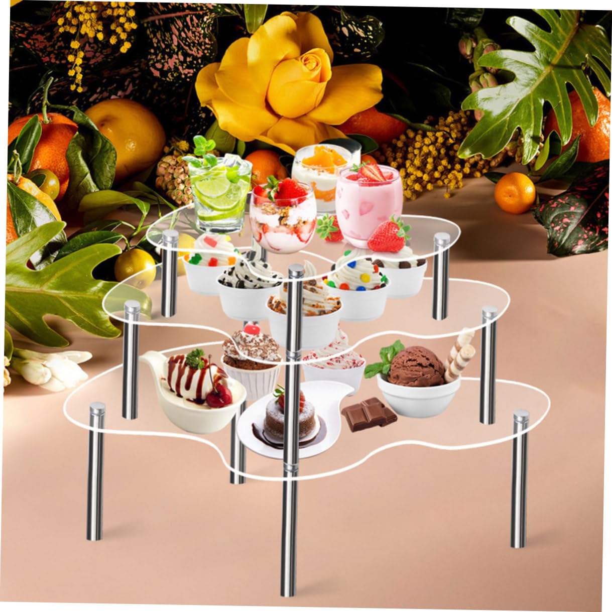 Veemoon Présentoir à Gâteaux en Acrylique Transparent 3 Pièces Multi-Niveaux Support Cupcakes et Desserts Taille Moyenne à Extra-Large pour Anniversaires Mariages et Événements