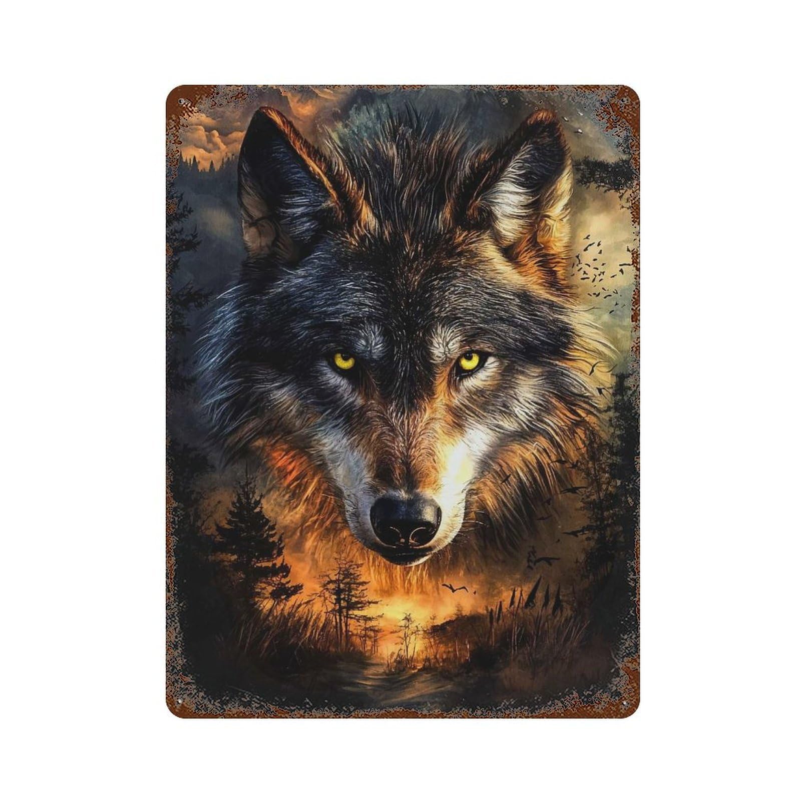 Rust Effect Wolf in The Wilderness Aged Metal Wall Plaque 15.7"x11.8", Shabby Chic Decor for Living Room, Hallway And Home Decor