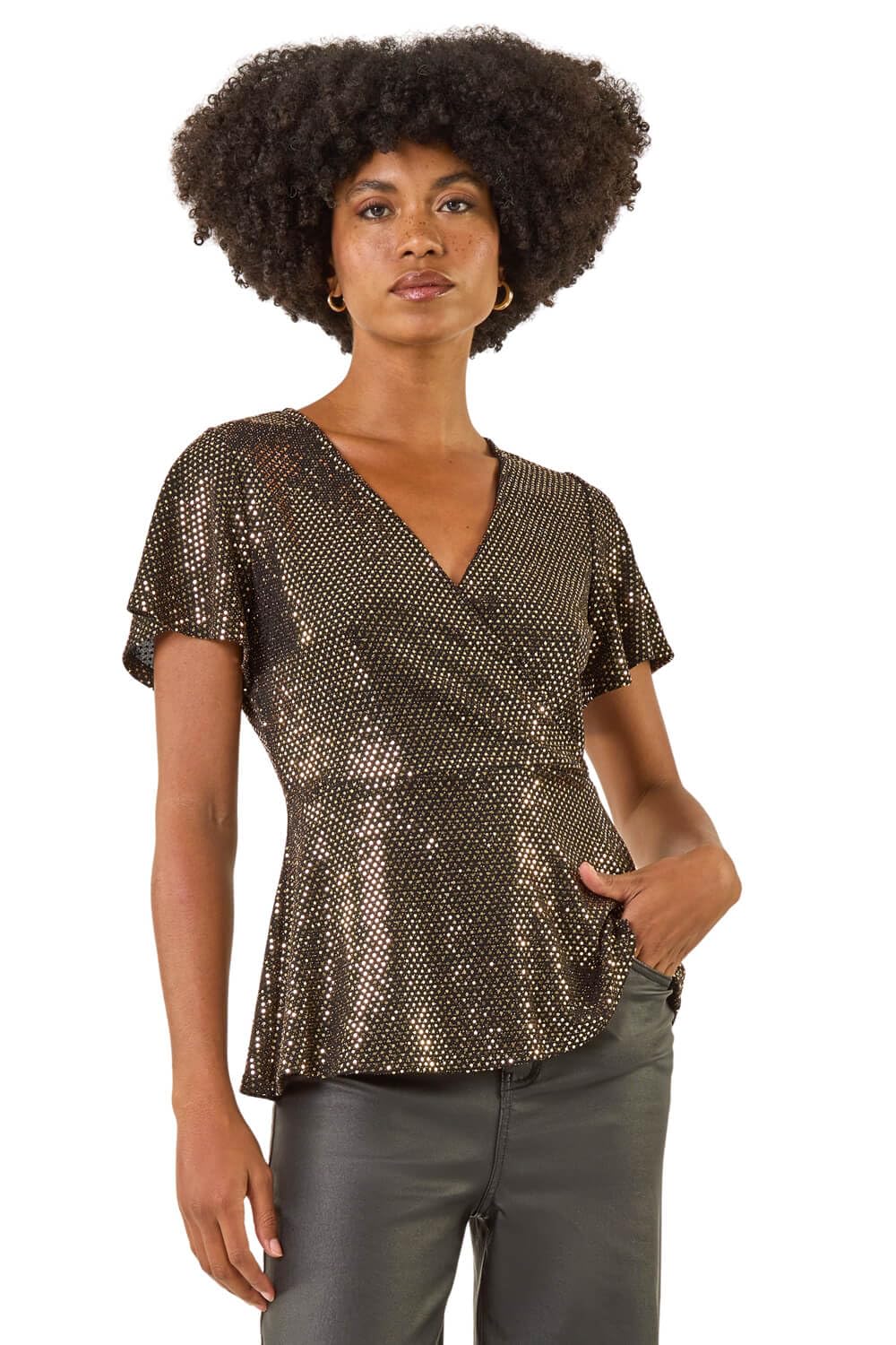 Roman Women's Sparkly Wrap Front Tunic Top in Bronze | Size: 14