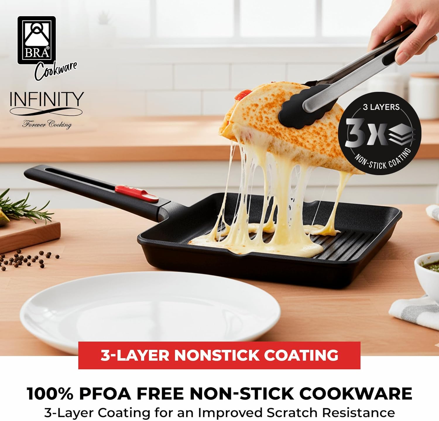 BRA COOKWARE Infinity Nonstick Ribbed Grill Pan (11x11 Inch) | Cast Aluminum Searing Skillet | PFOA/PFAS Free Square Griddle | All Cooktops (incl Induction) Grilling Skillet | Removable Handle