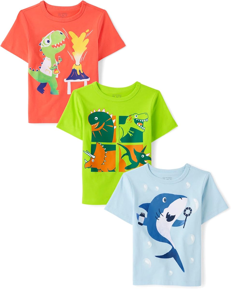 Camisetas gráficas de manga corta de animales, tiburones y dinosaurios para bebés y niños pequeños de The Children's Place, paquete de 3