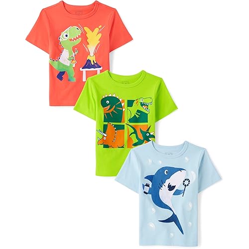 The Children's Place Baby-Boys and Toddler Dino,Animals,Sharks Short Sleeve Graphic T-Shirts,3 Pack