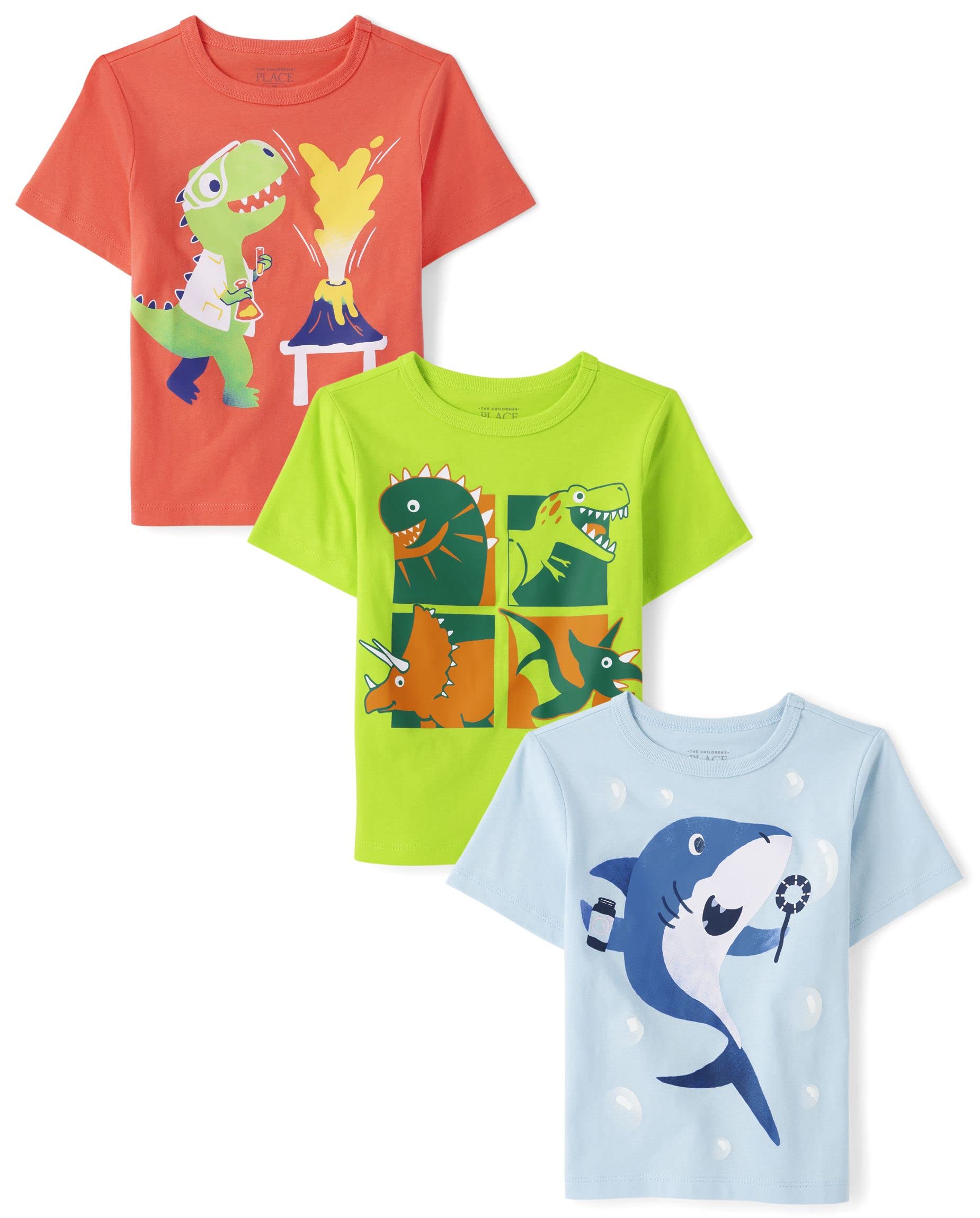 The Children's Place Camisetas unisex de manga corta con estampado de dinosaurios, animales, coches, 2 unidades