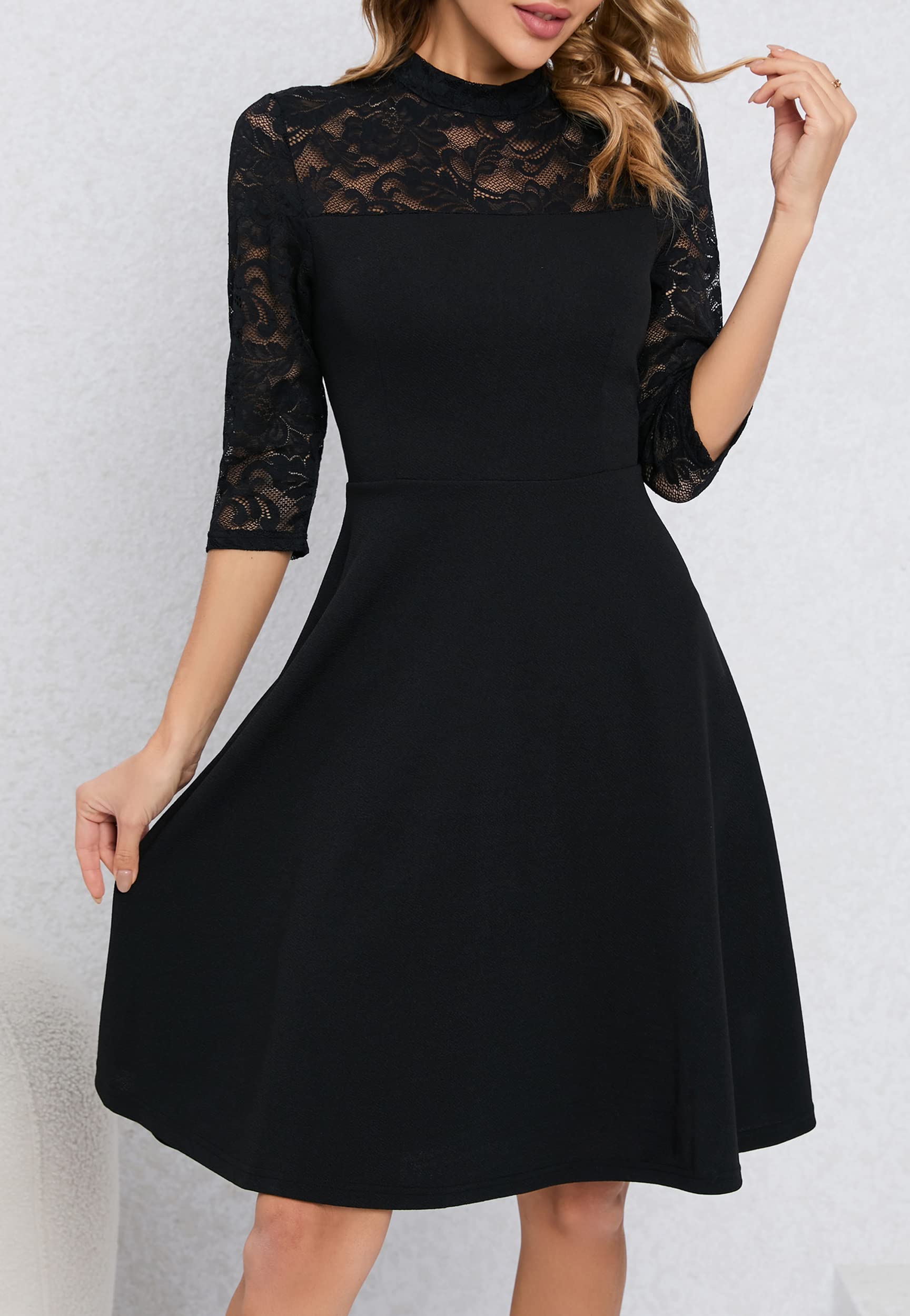 HOMEYEE Elegancka damska sukienka z koronką, rękawy 3/4, rockabilly, retro, długość do kolan, sukienka koktajlowa, na wesele, A368