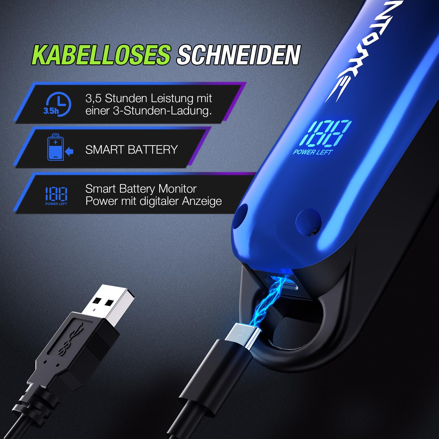 SUPRENT Haarschneidemaschine Profi-Haarschneider Herren | Langhaarschneider mit Keramik-Kegelklinge, Bartschneider Clipper Kabelloses Geschenke für Männer, Wiederaufladbar-Blau