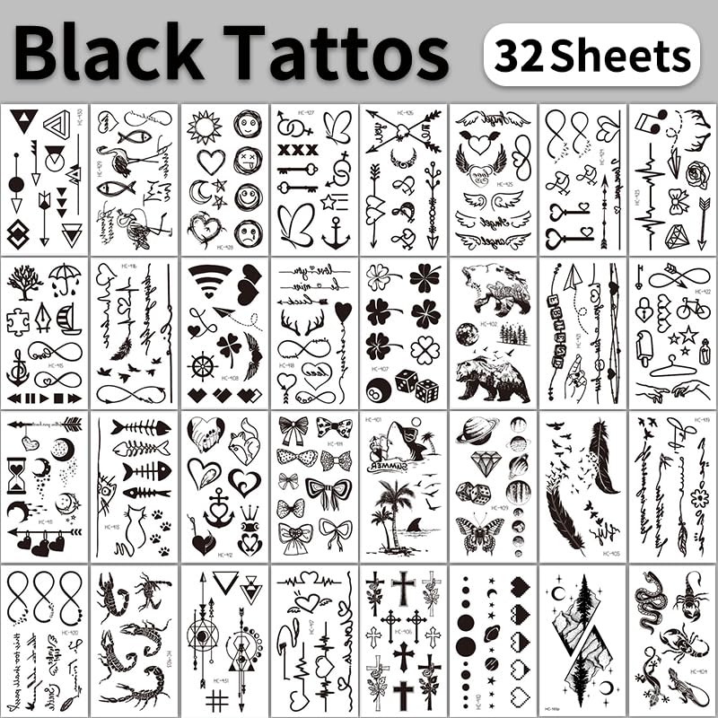 Miniatura 7 de 32 hojas de tatuajes temporales de patrón pequeño negro realista para adultos, tatuajes temporales de plumas, novios de pájaros, tatuajes falsos