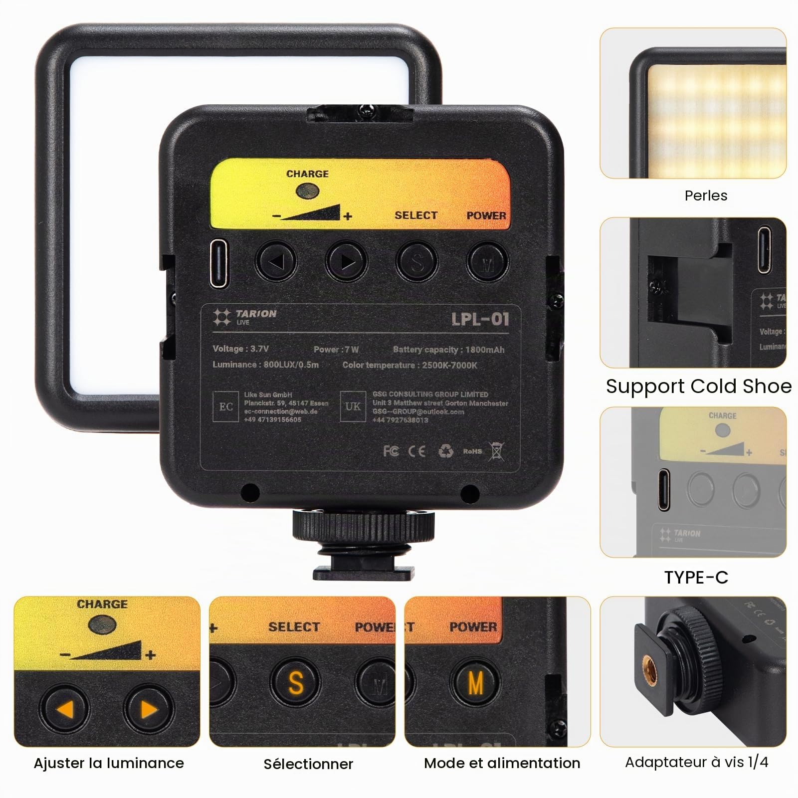 TARION Lampe vidéo LED pour caméra - Mini éclairage de caméra Portable Bicolore sur caméra vidéo à intensité Variable 2500-7000K 1800mAh Lampe de vlogging Rechargeable avec 3 Lampes Froides LPL-01