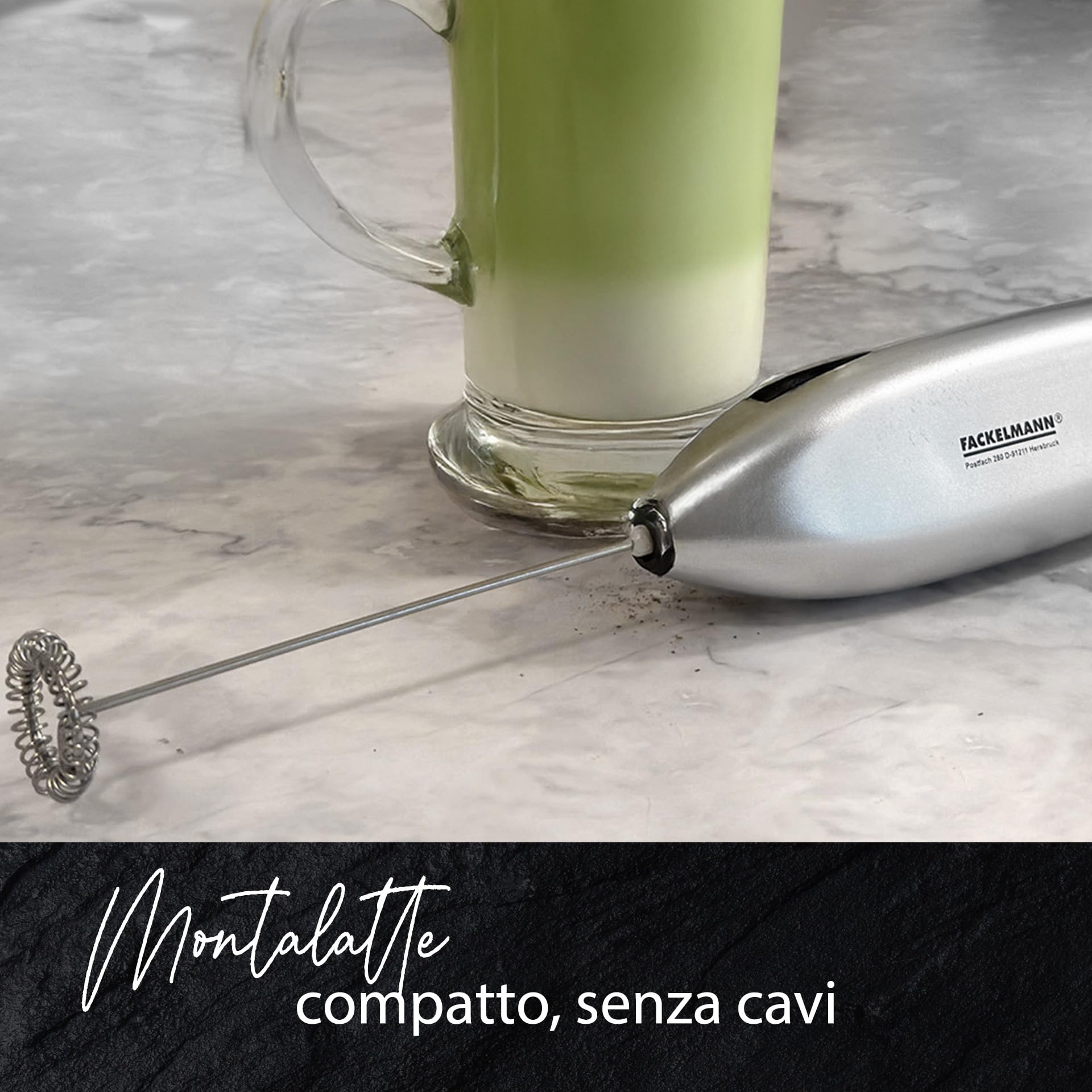 Fackelmann Set Montalatte Portatile e Bollilatte in Acciaio Inox 215ml, Frullino Montacappuccino a Batteria con Frusta Inox per Bevande e Latte Caldo, Versalatte Lavabile in Lavastoviglie