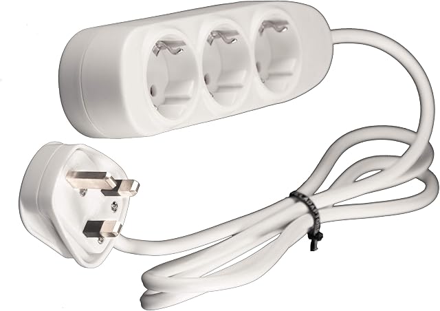 UK Euro Travel Adapter Adaptor 1.5 metre Extension Lead 3 Way Type E/F Schuko Sockets with Type G UK plug