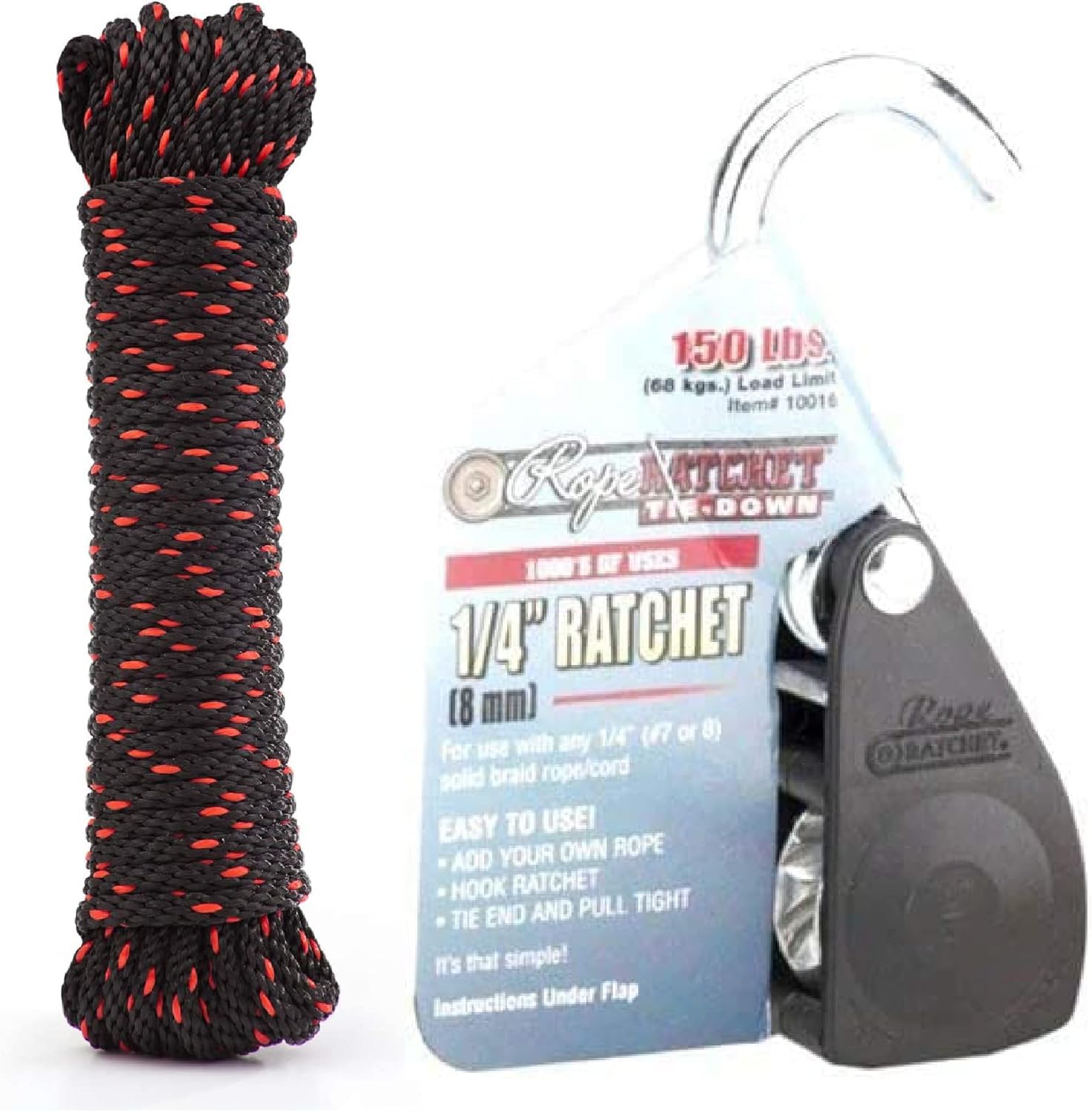 Rope Ratchet 10035 1/2" Tie Down Rope Pulley Rope Hoist and 1/2", 50 ft Solid Braided Polypropylene Rope