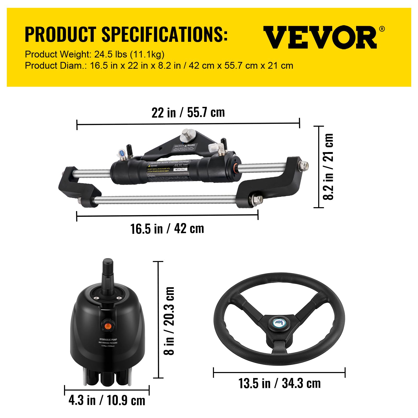 VEVOR Set di sterzo idraulico per barca, 300 CV, set di sterzo idraulico, pompa di controllo, cilindro, ruota, tubo da 18 piedi, set di guarnizioni di sterzo idraulico, sistema di sterzo resistente