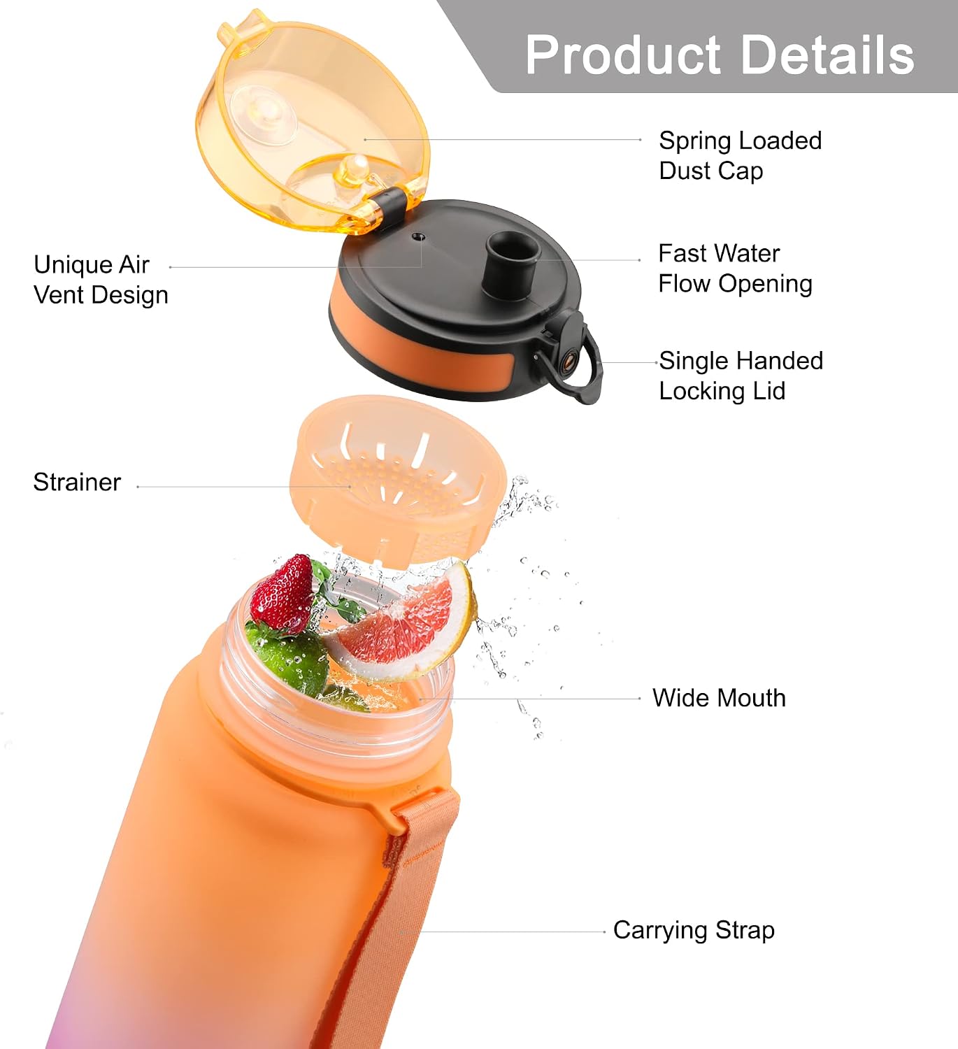 UZSPACE 1 Litre Water Bottle with Strainer, BPA Free Drinking Bottles for Adults, Sports Water Bottle with Capacity Scale - Image 3