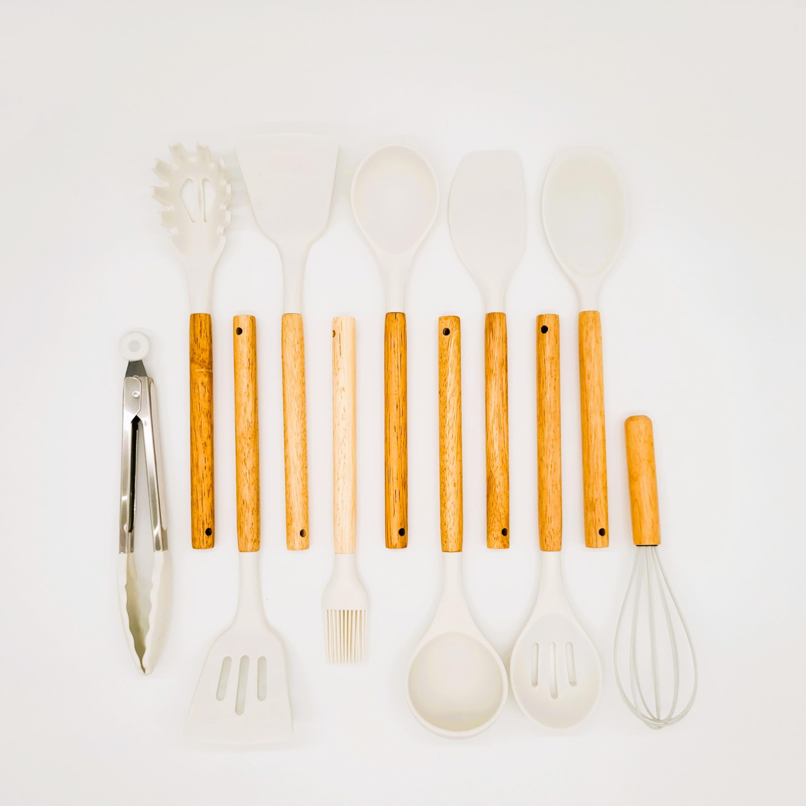BWG Juego de utensilios de cocina y recipiente, juego de utensilios de cocina, juego de utensilios de cocina de silicona de alta calidad, asas de diseño elegante, resistente al calor (madera, blanco)