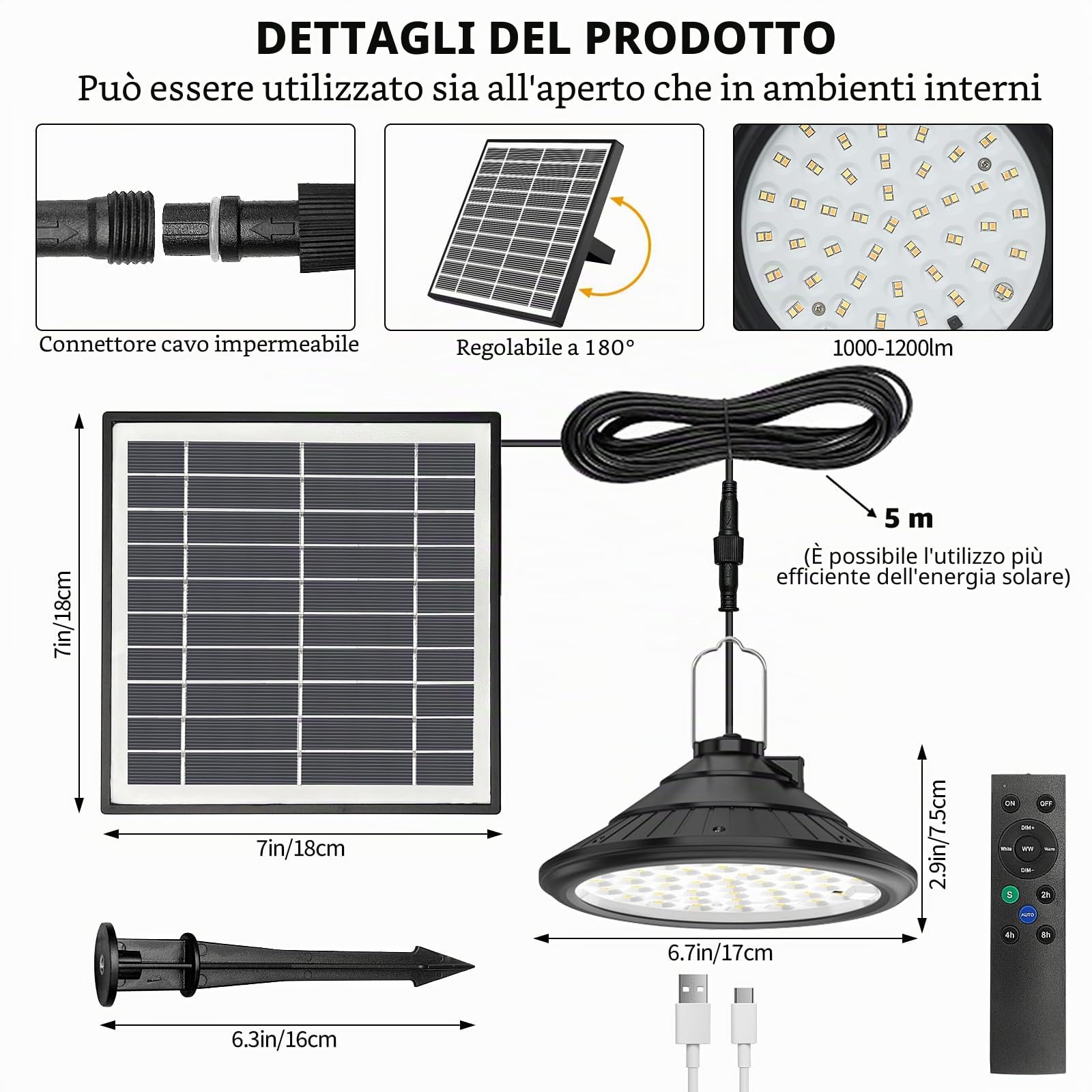 Qoolife Luci solari per esterni ed interni, 4500 mAh, 3 colori/4 modalità, lampada LED solare sospesa con telecomando, IP66, resistente all'acqua, ricarica USB, lampada a sospensione per giardino