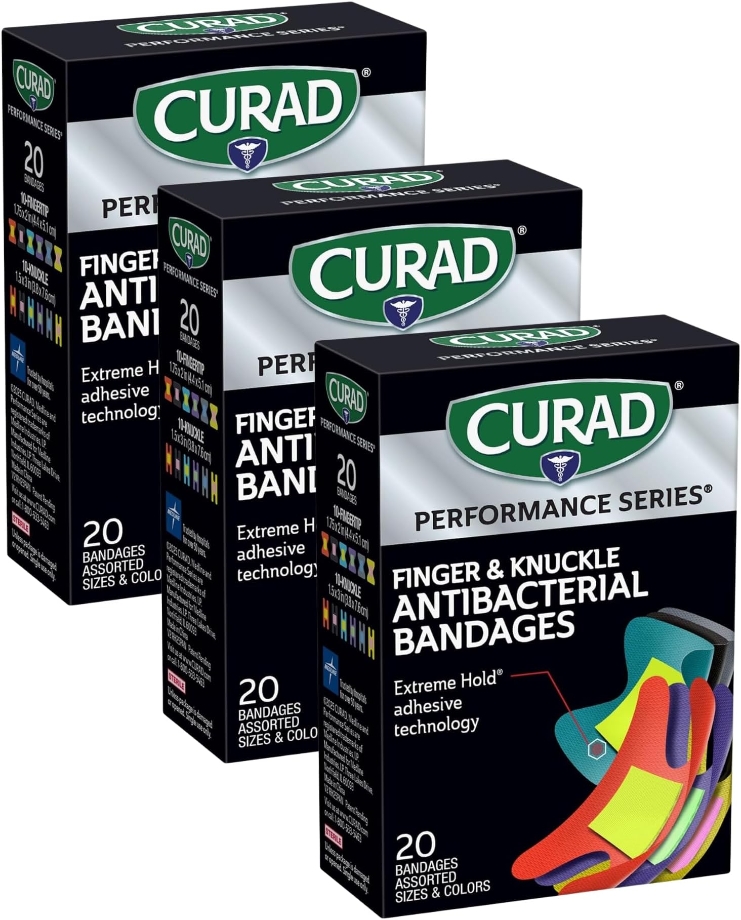 - CURAD Performance Series IRONMAN Antibacterial Bandages, Extreme Hold Adhesive Technology, Finger & Knuckle Bandages, Flexible Fabric, Variety Pack with Assorted Sizes & Colors, ( Pack of 3)