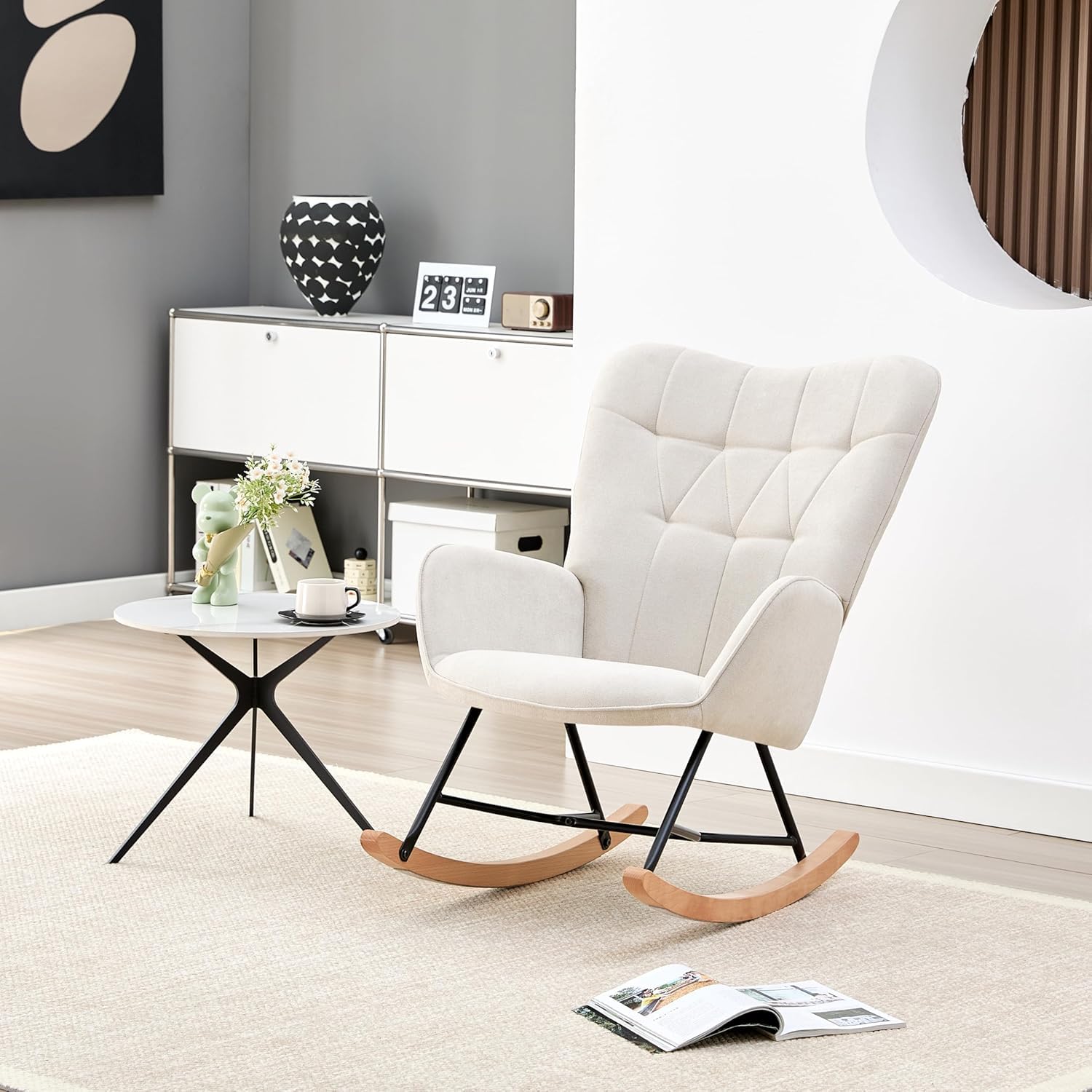 HOME DESIGN & CONFORT® Mecedora Lactancia Especial de Tela | Sillón Relax con Diseño Moderno y Ergonómico (Requiere Montaje) (Beige con Botones.) (Beige Sin Botones)