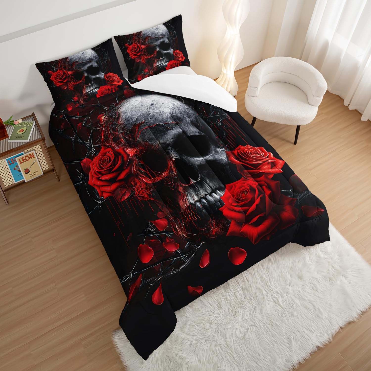 HOSIMA Death Skull Heads Comforter Gothic Bedding Sets,Horror Theme Halloween Bedding Comforter Sets for Teen Girls Boys Room Decor,Red Rose Floral Comforter Queen Size Bed with 2 Pillowcases.