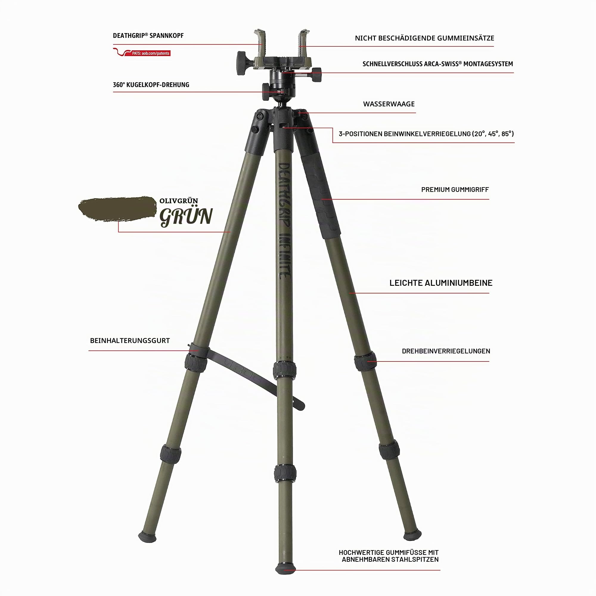 BOG DeathGrip Infinite Aluminium-Stativ mit robuster Konstruktion, 360-Grad-Kugelkopf, Arca-Swiss-Befestigungssystem und Optikplatte für Jagd, Schießen, Gläser, und im Freien