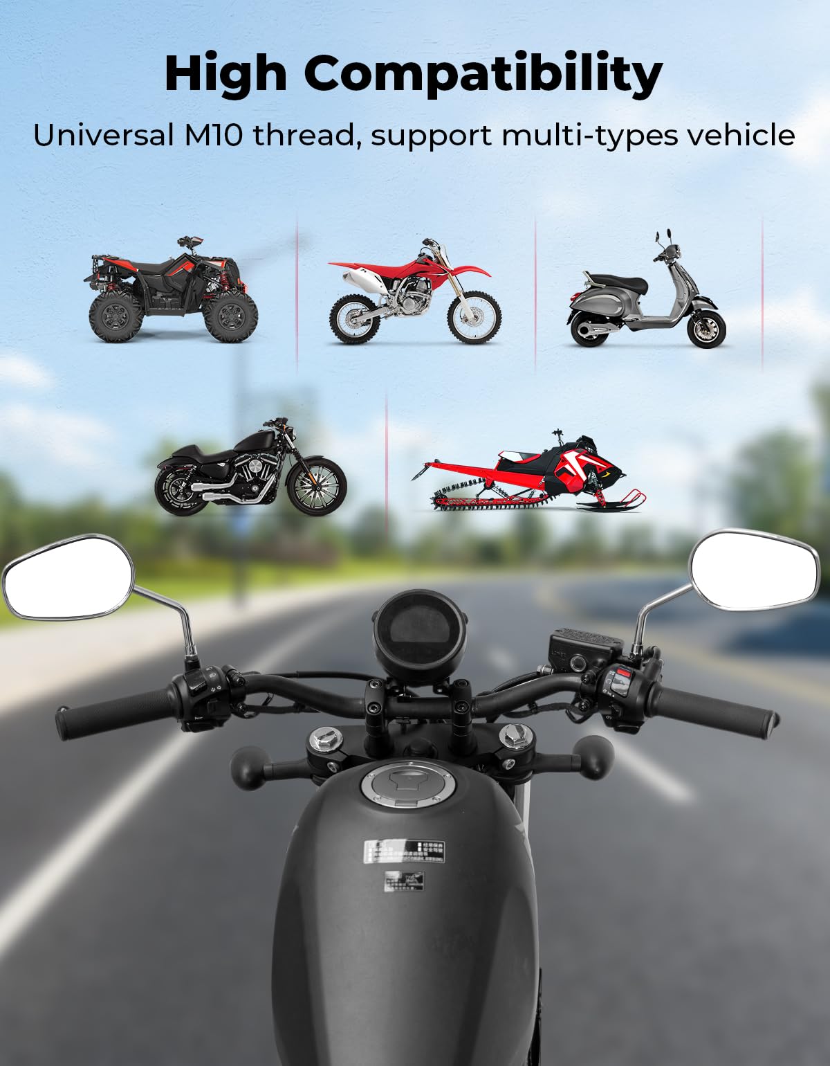 KEMIMOTO Lusterka motocyklowe wykonane ze stopu aluminium, uniwersalne lusterka motocyklowe M10, regulowane o 360°, szeroki obszar widzenia, dla większości motocykli