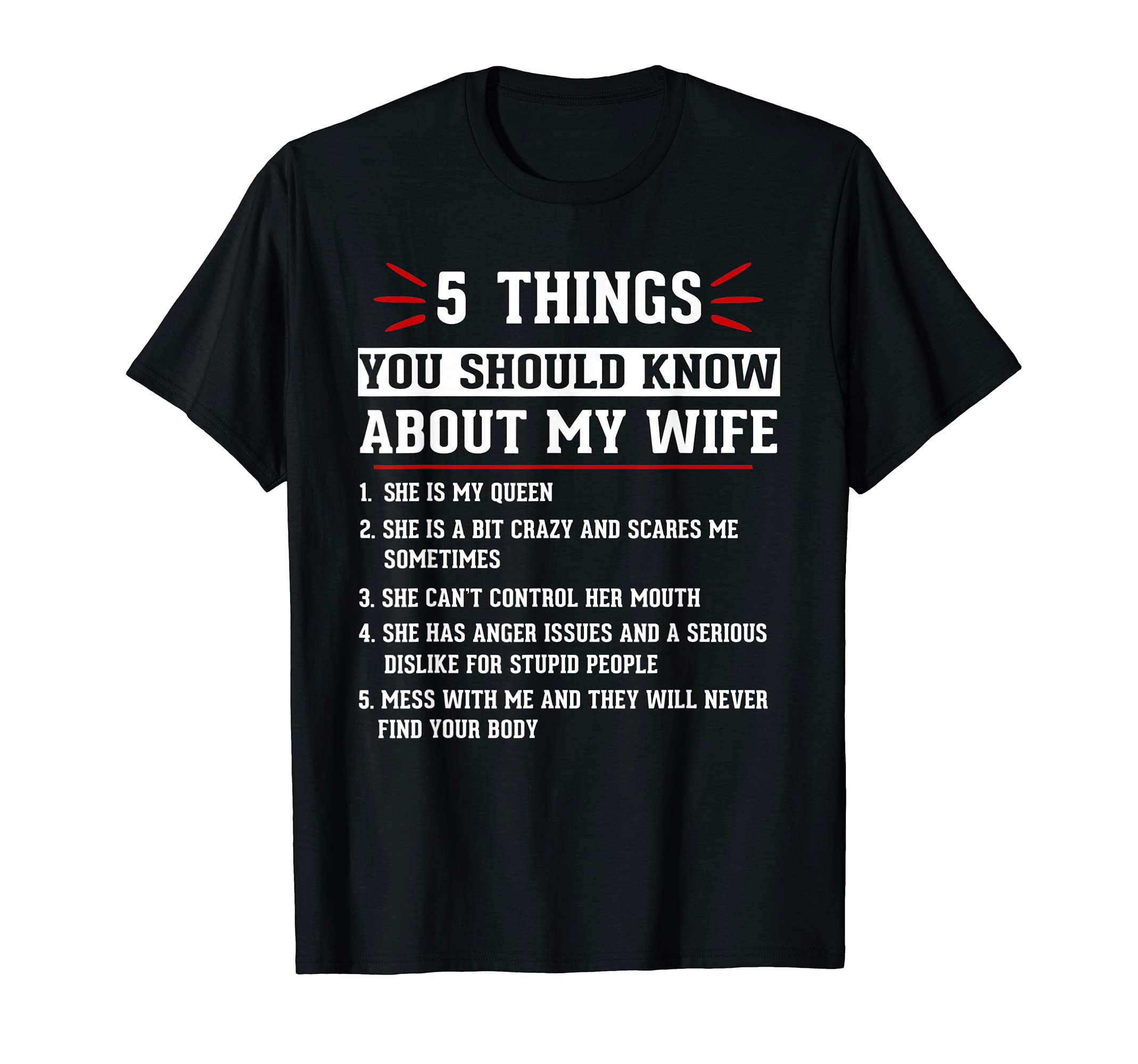 Funny Husband Wife Love Family Humor Wife Saying5 Things You Should Know About Wife Funny Husband Love Wife T-ShirtOEKO-TEX STANDARD 100