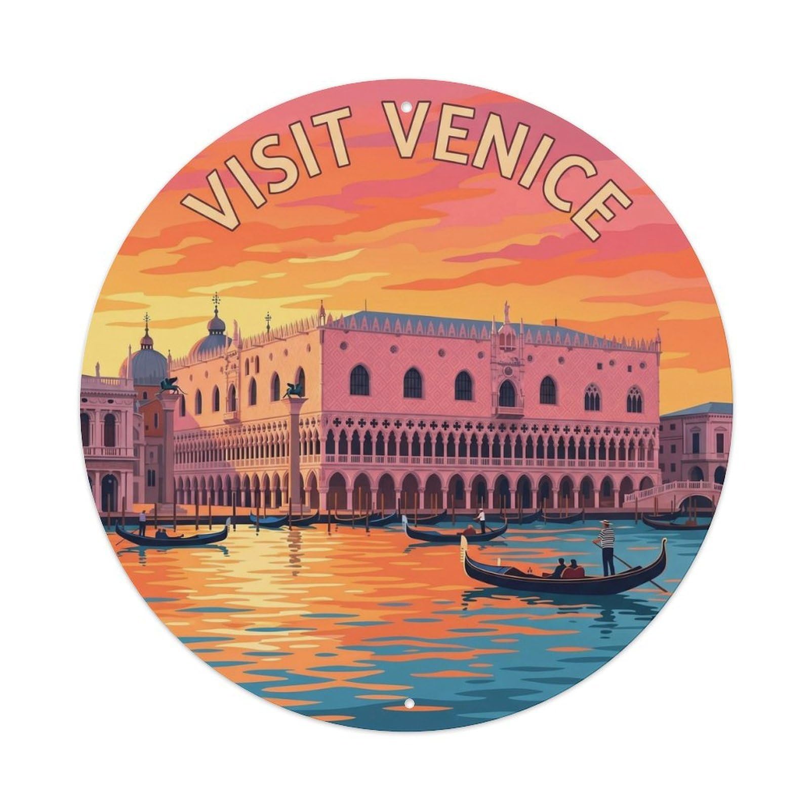 Venice Palace Vintage Italian Architecture Heritage Travel Metal Tin Sign Plaque Wall Decor for Cafe, Man Cave, Club Bar, Office, Home Garden Round Metal Poster 8x8Inch