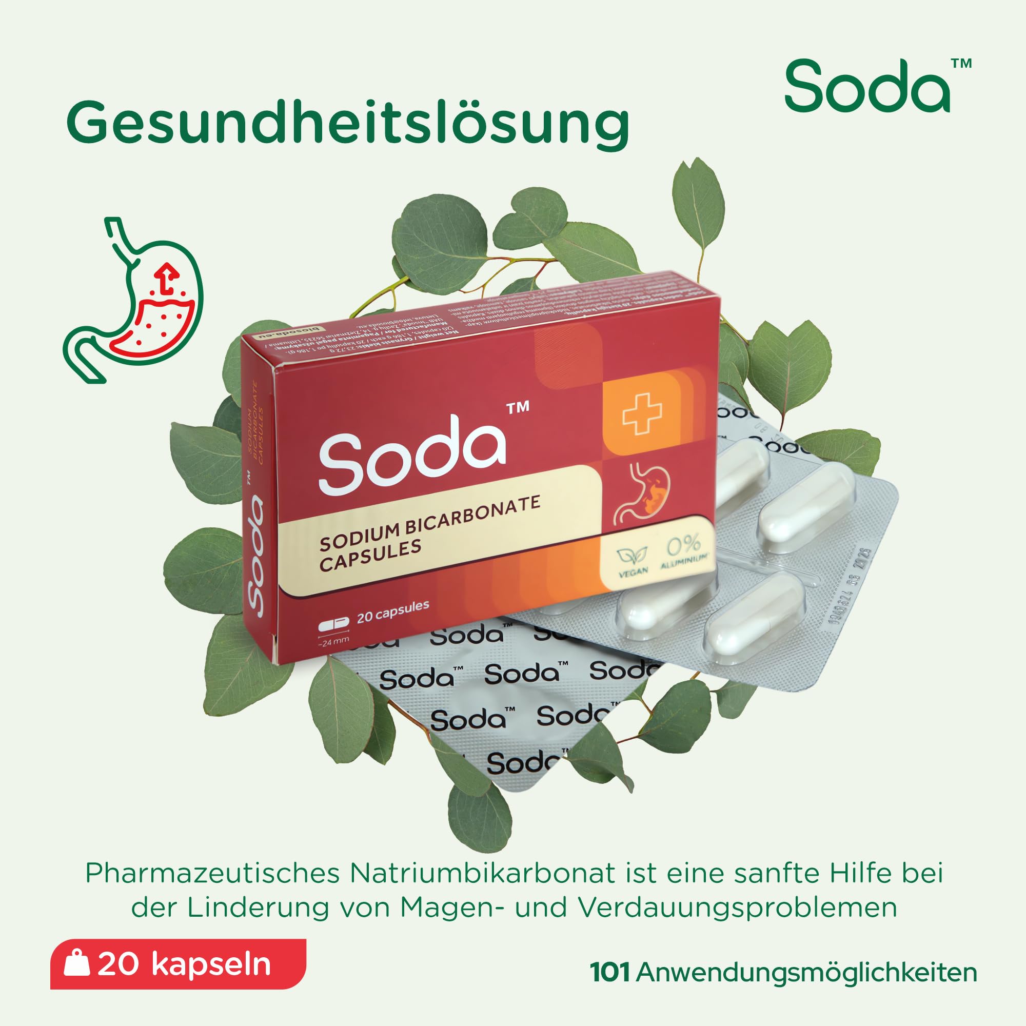 Natriumbicarbonat-Kapseln - 60 Kapseln (3 Packungen 20 Kapseln) - Körper pH-Balance, Magenprobleme, umweltfreundlich, tierfreundlich, Schönheitsprodukt, vegan. Von Soda™