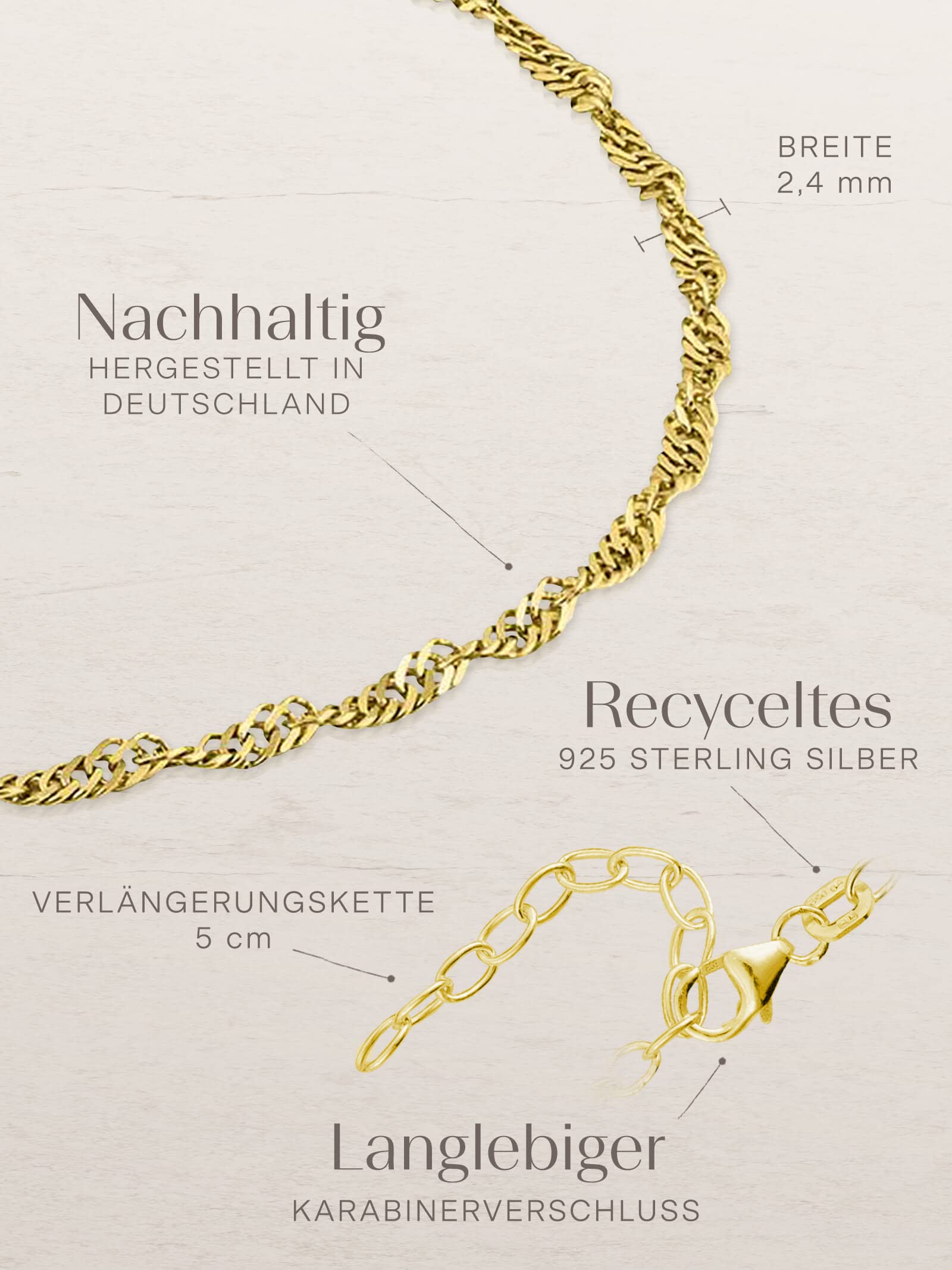 modabilé Damen Fußkette Vergoldet verstellbar 925 Sterling Silber Singapurkette (2,4mm Breit 23cm-28cm) ohne Anhänger Goldenes Fußkettchen für Frauen