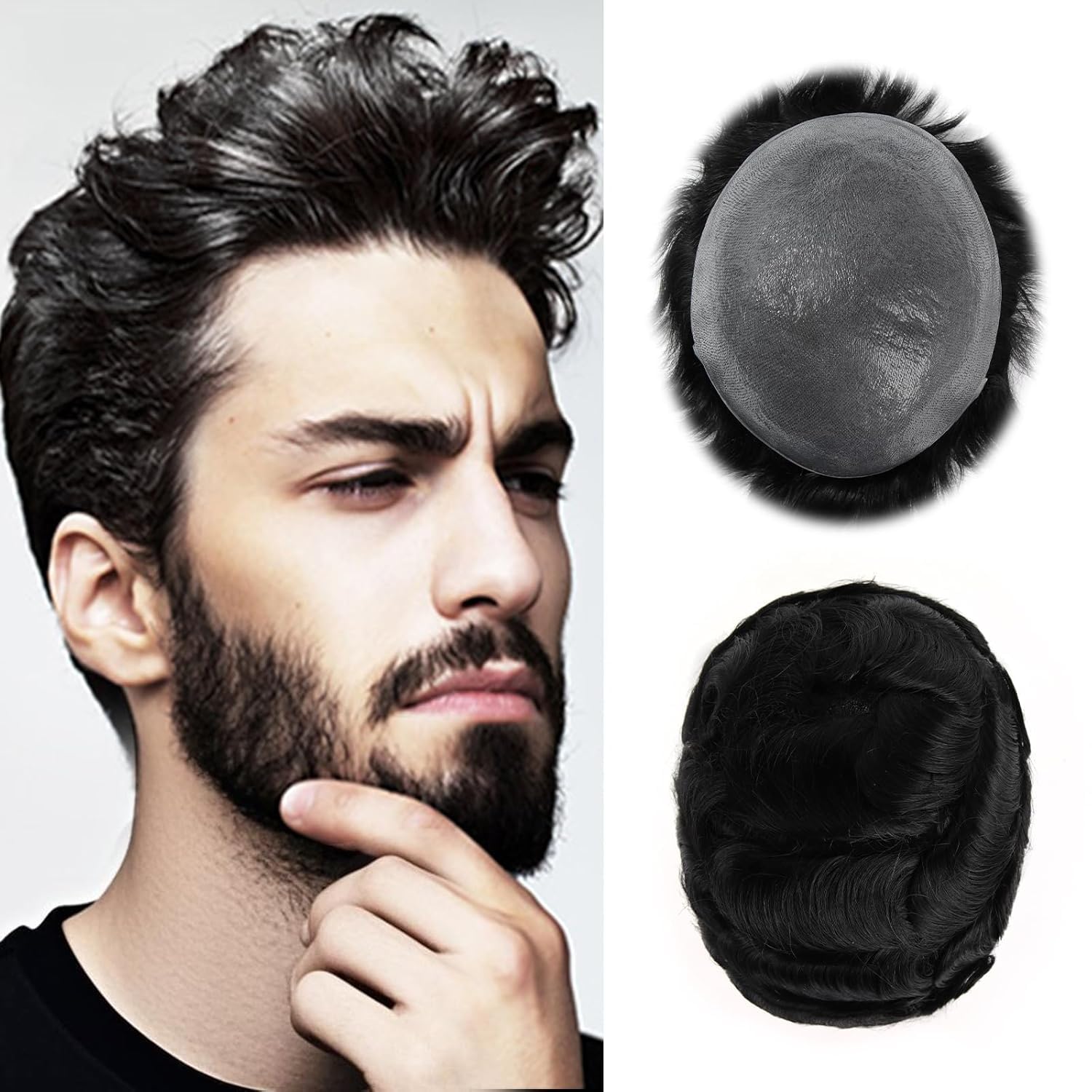 Photo 1 of ROSELOVER 8x10 Inch PU Thin Skin Toupee for Men - 0.03mm Human Hair Replacement System,Natural Look Hair Prosthesis Units for Men, Durable & Breathable Hairpiece,1(Jet Black)