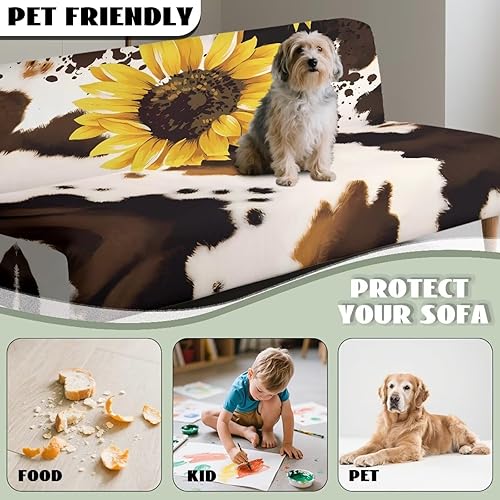 Miniatura 6 de Fundas para sofá cama con estampado de vaca marrón girasol con bandas elásticas para el hogar, sala de estar, fácil de instalar, antideslizante,