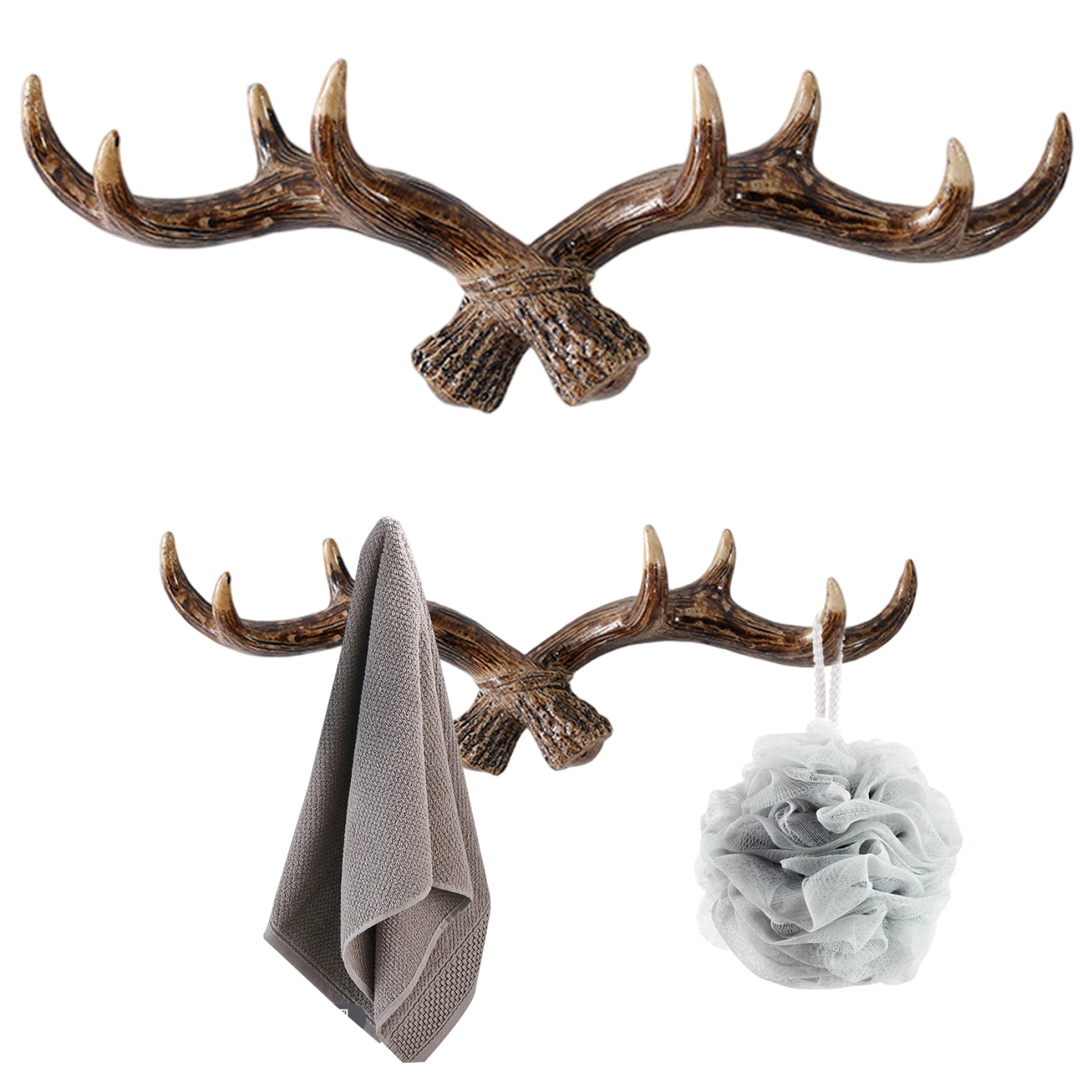 Nukinp Antler Coat Rack Wall Mount Rustic Deer Antler Decor Hooks for Farmhouse Wall Decor, Brown