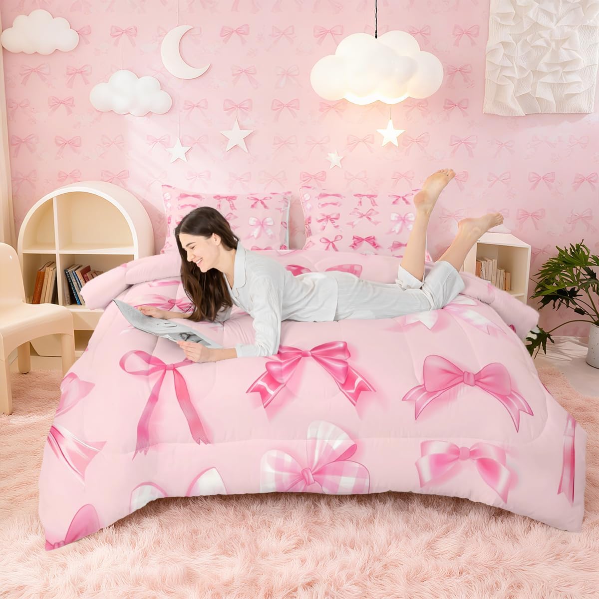 jejeloiu Pink Bow Bedding Set Queen Girls Bow Comforter Set for Kids Teens Girls Cute Bowknot Comforter Breathable Soft Lightweight Microfiber Kawaii Cute Pink Room Decor