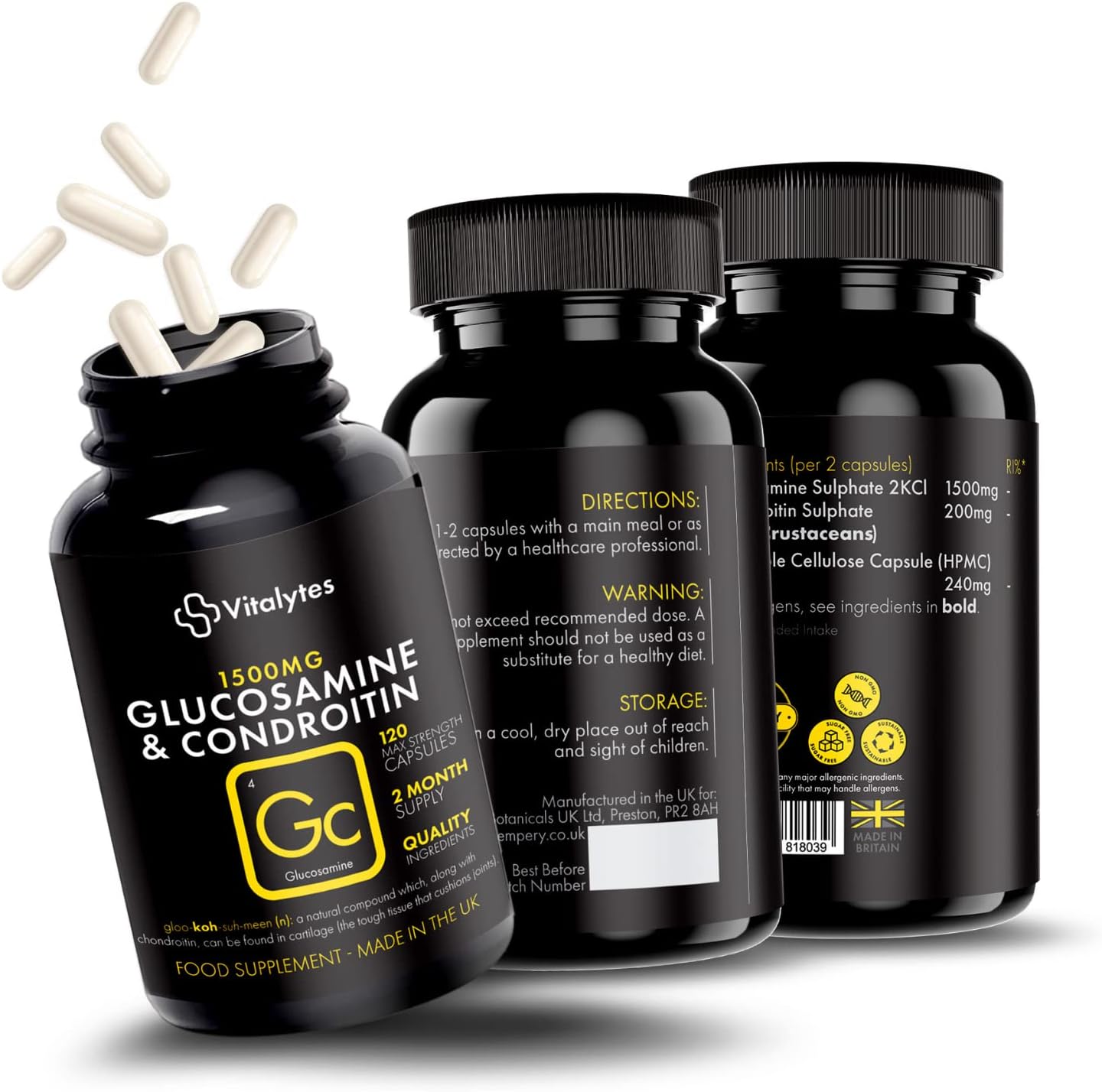 Vitalytes Super Powerful Glucosamine and Chondroitin Complex Capsules |120 High Strength Capsules Supports The Maintenance of Normal Immune System | Made in UK, Sugar Free, Non GMO