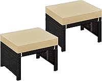 Yaheetech Set of 2 Wicker Ottomans with Removable Cushions - PE Rattan Footrest, Side Table & Extra Seating for Patio, Backyard - Brown/Khaki