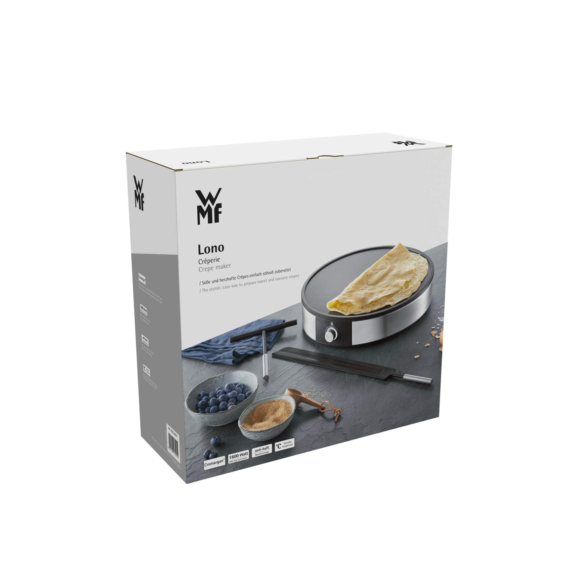 WMF Crêpière, Température réglable, 1600 W, Diamètre 33cm, Revêtement antiadhésif et plaque amovible pour un nettoyage facile, Design inox 18/10 Cromargan, Lono 0415120011
