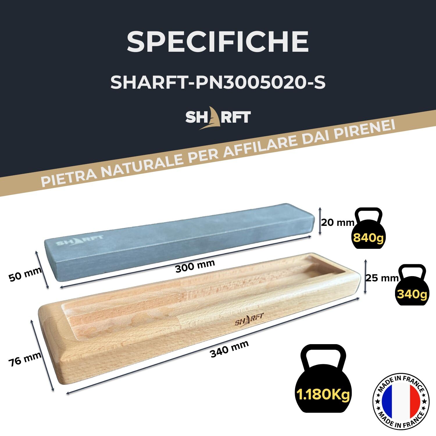 SHARFT, pietra per affilare naturale dei Pirenei, equivalente a grana 1000 + base in legno. Pietra per affilare 300 mm. Affilacoltelli da cucina, ecc. Affilacoltelli professionale. PRODOTTO IN FRANCIA
