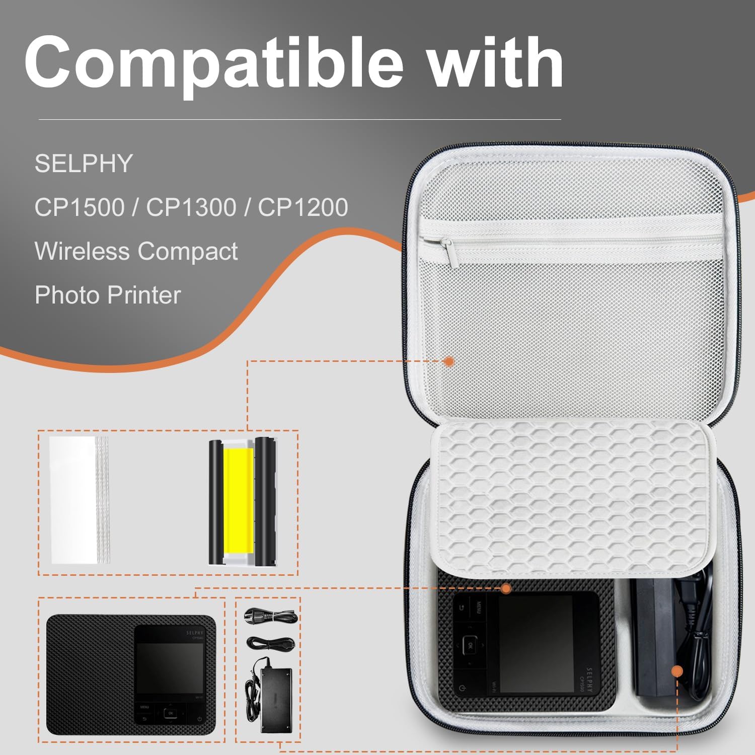 Hard Case Compatible with Canon SELPHY CP1500/CP1300/ CP1200 Photo Printer,PU Surface,Powerful waterproof and anti fouling function,Built in shock absorber pad(Black,Case Only)