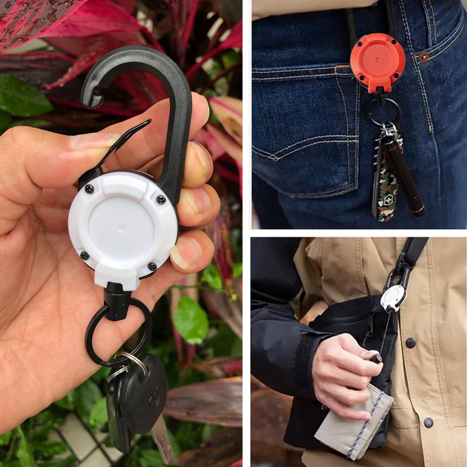 Portachiavi Retrattile Allungabile 64cm Cavo Acciaio, Porta Badge con Moschettone per Carte Identità Chiavi
