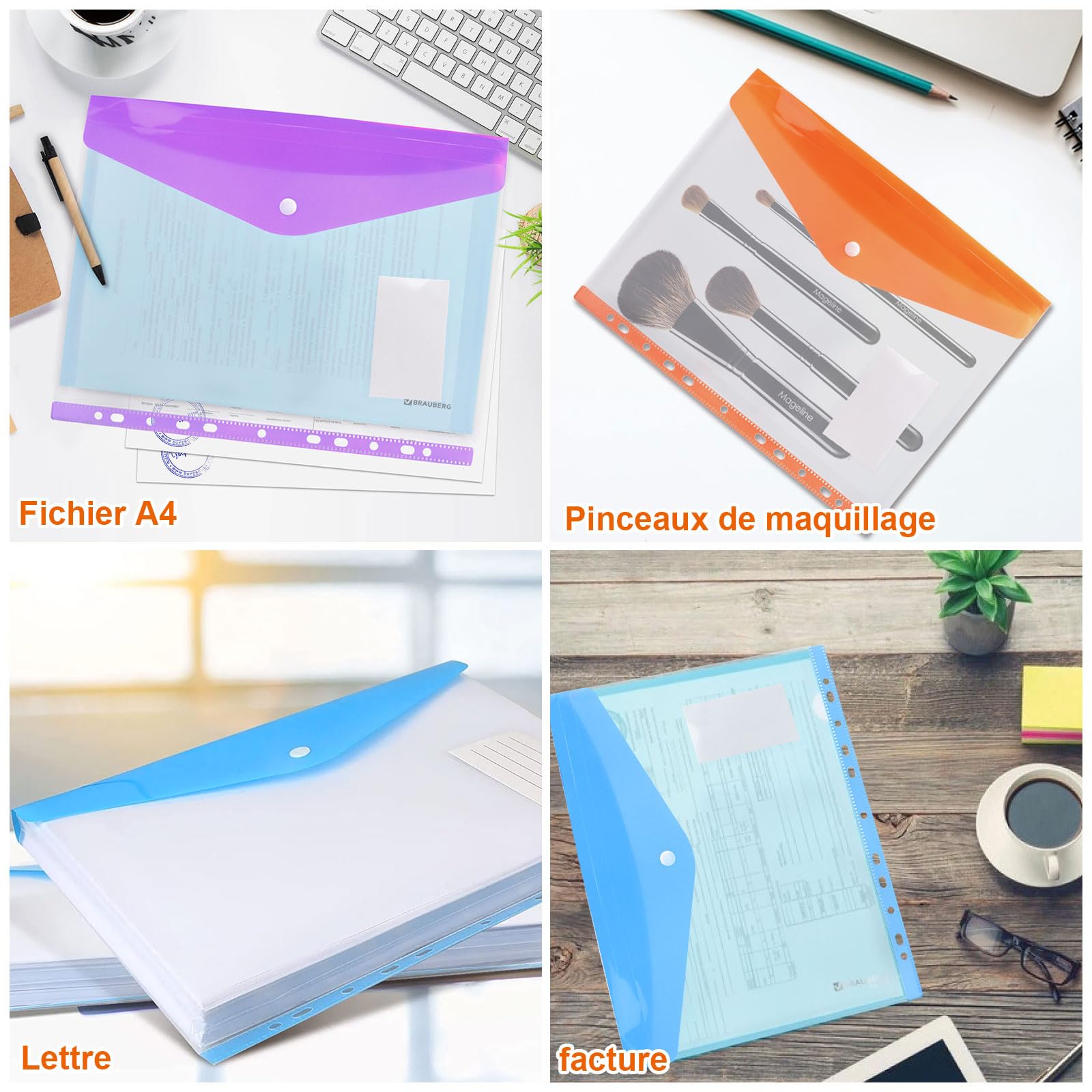 Lot De 24 Pochettes Plastique Perforées A4 - Avec Rabat Et Bouton Pression, étiquettes Incluses, 6 Couleurs - 6