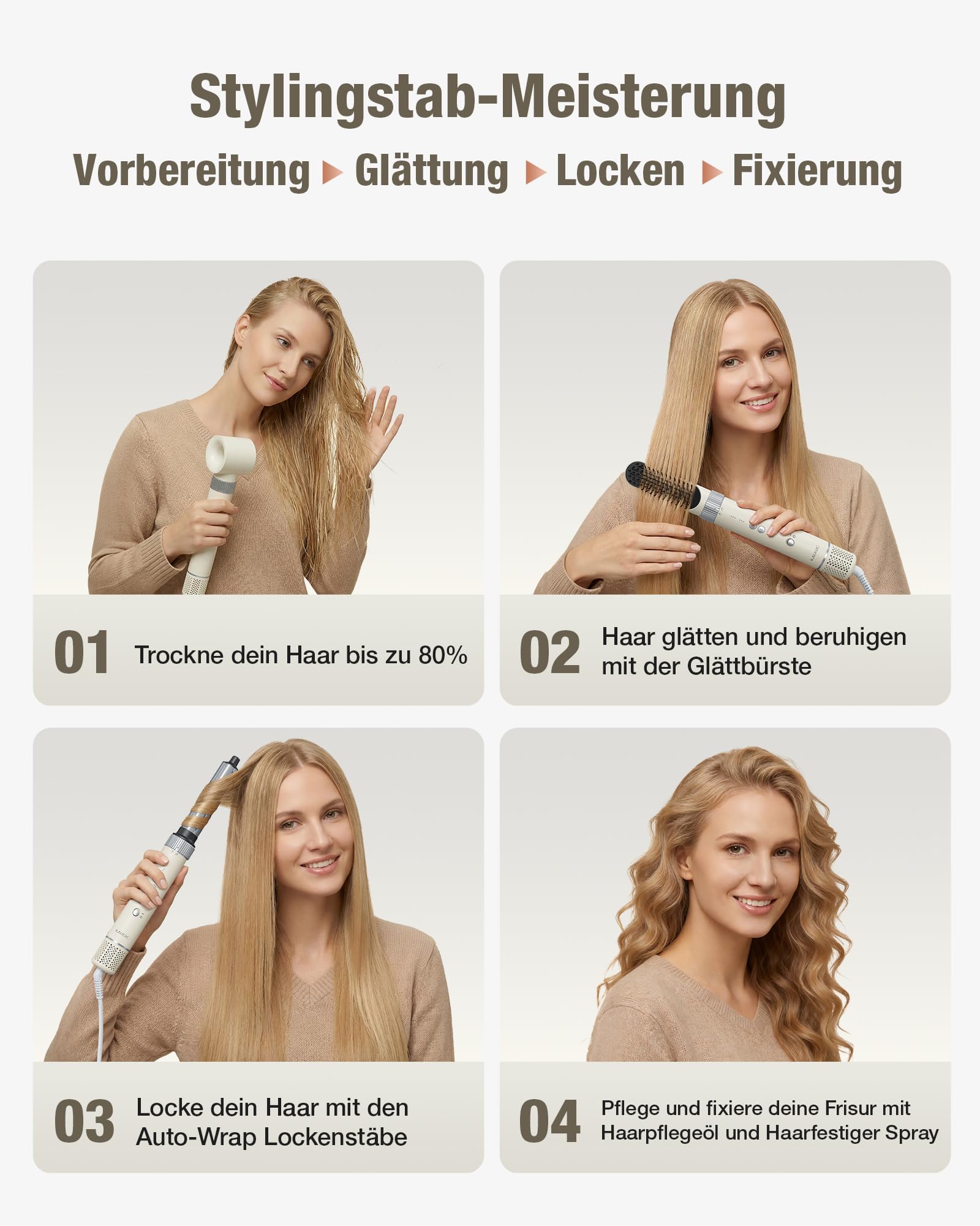 6-in-1 Hairstyler, Airstyler, Lockenstab, 110000 U/Min Hochgeschwindigkeit Lonen Föhn Locken oder Glätten, Föhnbürste Warmluftbürste Rundbürstenföhn Lockenföhn Haartrockner- Cremeweiß